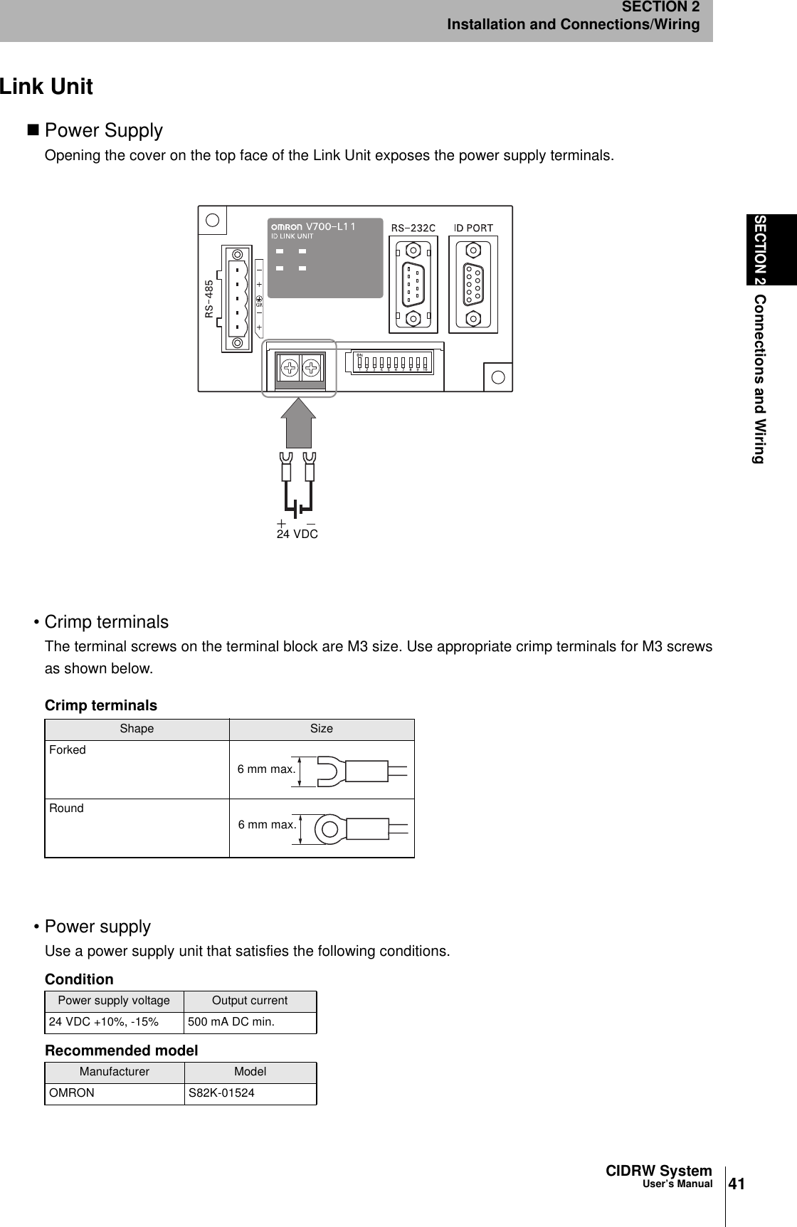 41CIDRW SystemUser’s ManualSECTION 2Connections and WiringSECTION 2Installation and Connections/WiringLink Unit Power SupplyOpening the cover on the top face of the Link Unit exposes the power supply terminals.• Crimp terminalsThe terminal screws on the terminal block are M3 size. Use appropriate crimp terminals for M3 screwsas shown below.• Power supplyUse a power supply unit that satisfies the following conditions.Crimp terminalsShape SizeForked Round ConditionPower supply voltage Output current24 VDC +10%, -15% 500 mA DC min.Recommended modelManufacturer ModelOMRON S82K-0152424 VDC6 mm max.6 mm max.