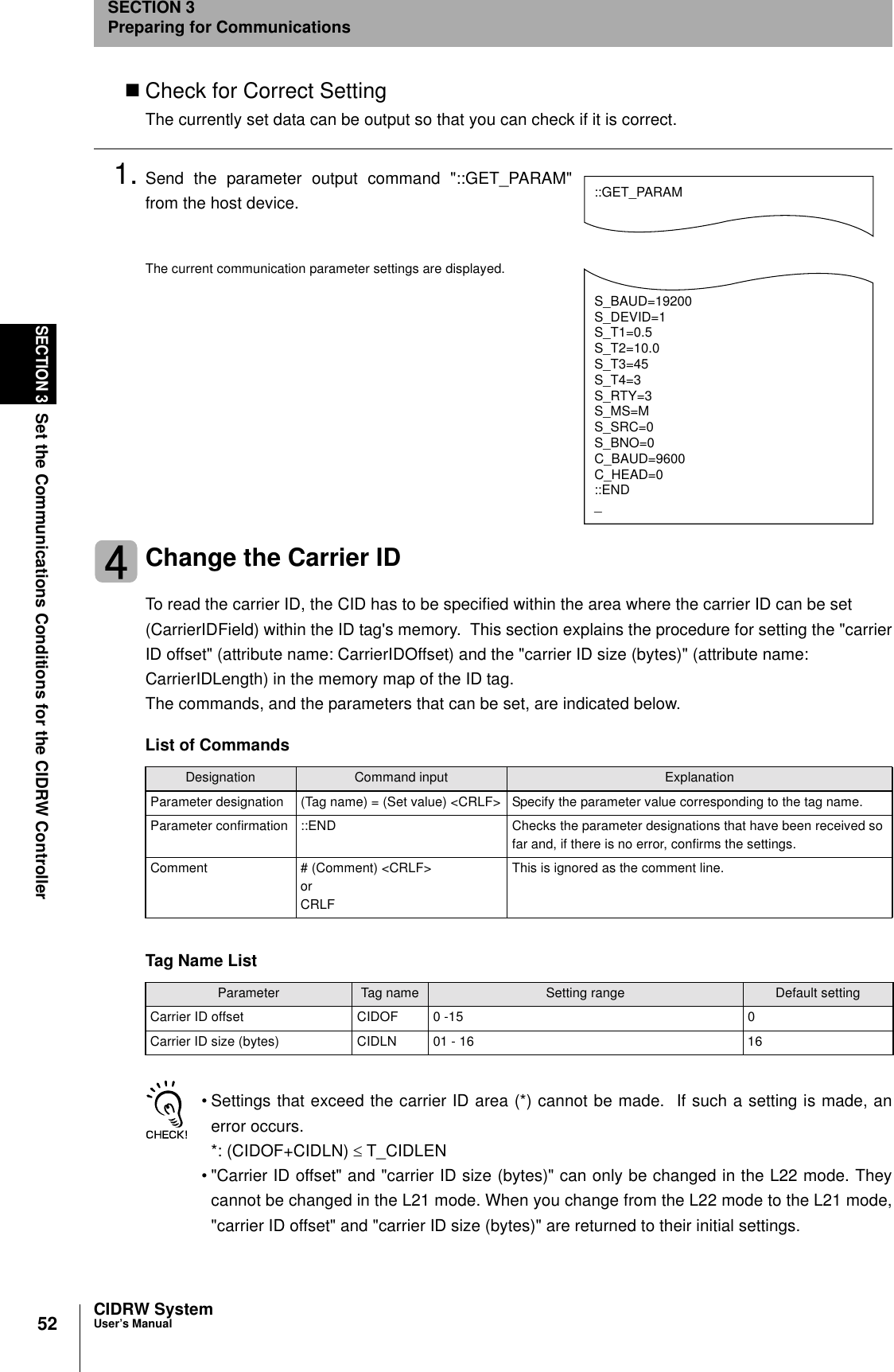 52SECTION 3Set the Communications Conditions for the CIDRW ControllerCIDRW SystemUser’s ManualSECTION 3Preparing for Communications!Check for Correct SettingThe currently set data can be output so that you can check if it is correct.1. Send the parameter output command &quot;::GET_PARAM&quot;from the host device.The current communication parameter settings are displayed.Change the Carrier IDTo read the carrier ID, the CID has to be specified within the area where the carrier ID can be set (CarrierIDField) within the ID tag&apos;s memory.  This section explains the procedure for setting the &quot;carrierID offset&quot; (attribute name: CarrierIDOffset) and the &quot;carrier ID size (bytes)&quot; (attribute name: CarrierIDLength) in the memory map of the ID tag.The commands, and the parameters that can be set, are indicated below.• Settings that exceed the carrier ID area (*) cannot be made.  If such a setting is made, anerror occurs.*: (CIDOF+CIDLN) ≤ T_CIDLEN• &quot;Carrier ID offset&quot; and &quot;carrier ID size (bytes)&quot; can only be changed in the L22 mode. Theycannot be changed in the L21 mode. When you change from the L22 mode to the L21 mode,&quot;carrier ID offset&quot; and &quot;carrier ID size (bytes)&quot; are returned to their initial settings.List of CommandsDesignation Command input ExplanationParameter designation (Tag name) = (Set value) &lt;CRLF&gt; Specify the parameter value corresponding to the tag name.Parameter confirmation ::END Checks the parameter designations that have been received so far and, if there is no error, confirms the settings.Comment # (Comment) &lt;CRLF&gt; or CRLFThis is ignored as the comment line.Tag Name ListParameter Tag name Setting range Default settingCarrier ID offset CIDOF 0 -15 0Carrier ID size (bytes) CIDLN 01 - 16 16::GET_PARAMS_BAUD=19200S_DEVID=1S_T1=0.5S_T2=10.0S_T3=45S_T4=3S_RTY=3S_MS=MS_SRC=0S_BNO=0C_BAUD=9600C_HEAD=0::END_