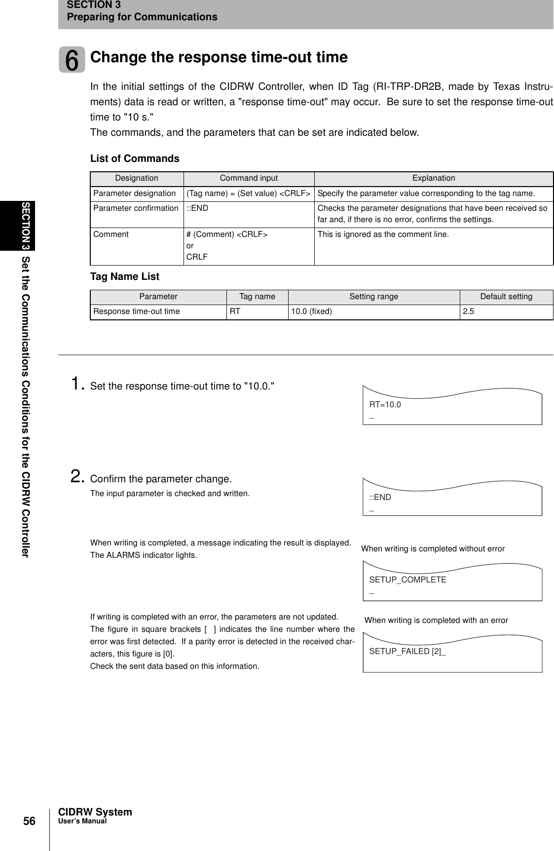 56SECTION 3Set the Communications Conditions for the CIDRW ControllerCIDRW SystemUser’s ManualSECTION 3Preparing for CommunicationsChange the response time-out timeIn the initial settings of the CIDRW Controller, when ID Tag (RI-TRP-DR2B, made by Texas Instru-ments) data is read or written, a &quot;response time-out&quot; may occur.  Be sure to set the response time-outtime to &quot;10 s.&quot;The commands, and the parameters that can be set are indicated below.1. Set the response time-out time to &quot;10.0.&quot;2. Confirm the parameter change.The input parameter is checked and written.When writing is completed, a message indicating the result is displayed.The ALARMS indicator lights.If writing is completed with an error, the parameters are not updated.The figure in square brackets [  ] indicates the line number where theerror was first detected.  If a parity error is detected in the received char-acters, this figure is [0].Check the sent data based on this information.List of CommandsDesignation Command input ExplanationParameter designation (Tag name) = (Set value) &lt;CRLF&gt; Specify the parameter value corresponding to the tag name.Parameter confirmation ::END Checks the parameter designations that have been received so far and, if there is no error, confirms the settings.Comment # (Comment) &lt;CRLF&gt; or CRLFThis is ignored as the comment line.Tag Name ListParameter Tag name Setting range Default settingResponse time-out time RT 10.0 (fixed) 2.5RT=10.0_::END _SETUP_COMPLETE_SETUP_FAILED [2]_When writing is completed without errorWhen writing is completed with an error