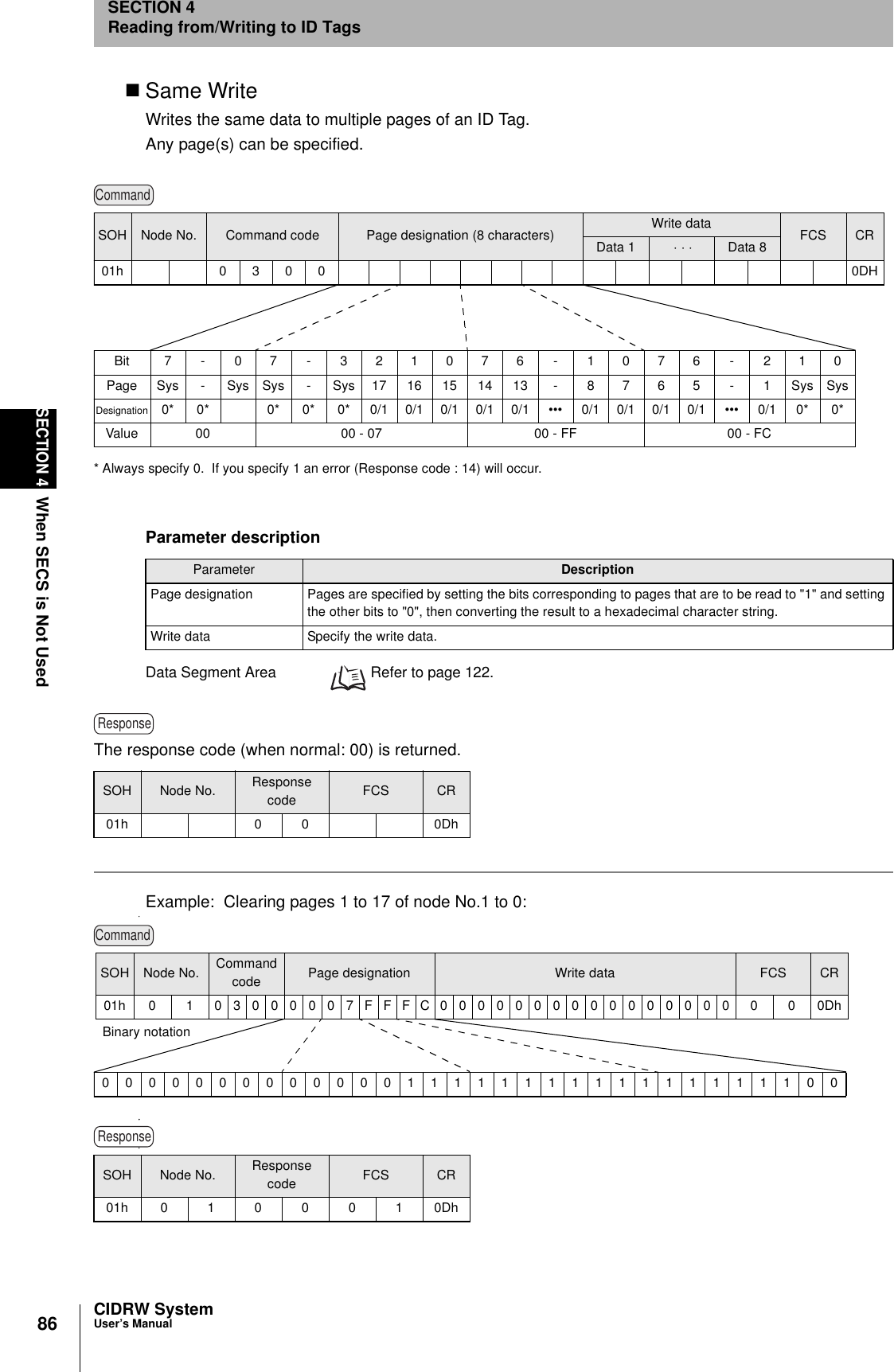 86SECTION 4When SECS is Not UsedCIDRW SystemUser’s ManualSECTION 4Reading from/Writing to ID TagsSame WriteWrites the same data to multiple pages of an ID Tag.Any page(s) can be specified.Data Segment Area  Refer to page 122.The response code (when normal: 00) is returned.Example:  Clearing pages 1 to 17 of node No.1 to 0:Parameter descriptionParameter DescriptionPage designation Pages are specified by setting the bits corresponding to pages that are to be read to &quot;1&quot; and setting the other bits to &quot;0&quot;, then converting the result to a hexadecimal character string.Write data Specify the write data.SOH Node No. Response code FCS CR01h 0 0 0DhSOH Node No. Response code FCS CR01h0100010DhCommandSOH Node No. Command code Page designation (8 characters) Write data FCS CRData 1  ⋅ ⋅ ⋅  Data 801h 0 3 0 0 0DHBit 7-07-321076-1076-210PageSys-SysSys-Sys1716151413-8765-1SysSysDesignation 0* 0* 0* 0* 0* 0/1 0/1 0/1 0/1 0/1 ••• 0/1 0/1 0/1 0/1 ••• 0/1 0* 0*Value 00 00 - 07 00 - FF 00 - FC* Always specify 0.  If you specify 1 an error (Response code : 14) will occur.ResponseCommand00000000000001111111111111111100Binary notationSOH Node No. Command code Page designation Write data FCS CR01h 0 1 03000007FFFC0000000000000000 0 0 0DhResponse