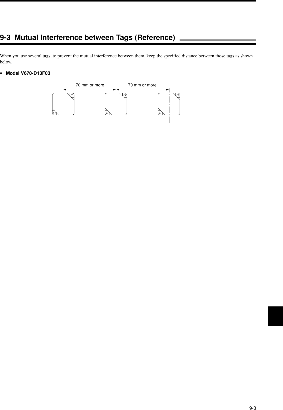 9-3When you use several tags, to prevent the mutual interference between them, keep the specified distance between those tags as shown below.•Model V670-D13F0370 mm or more 70 mm or more9-3  Mutual Interference between Tags (Reference)