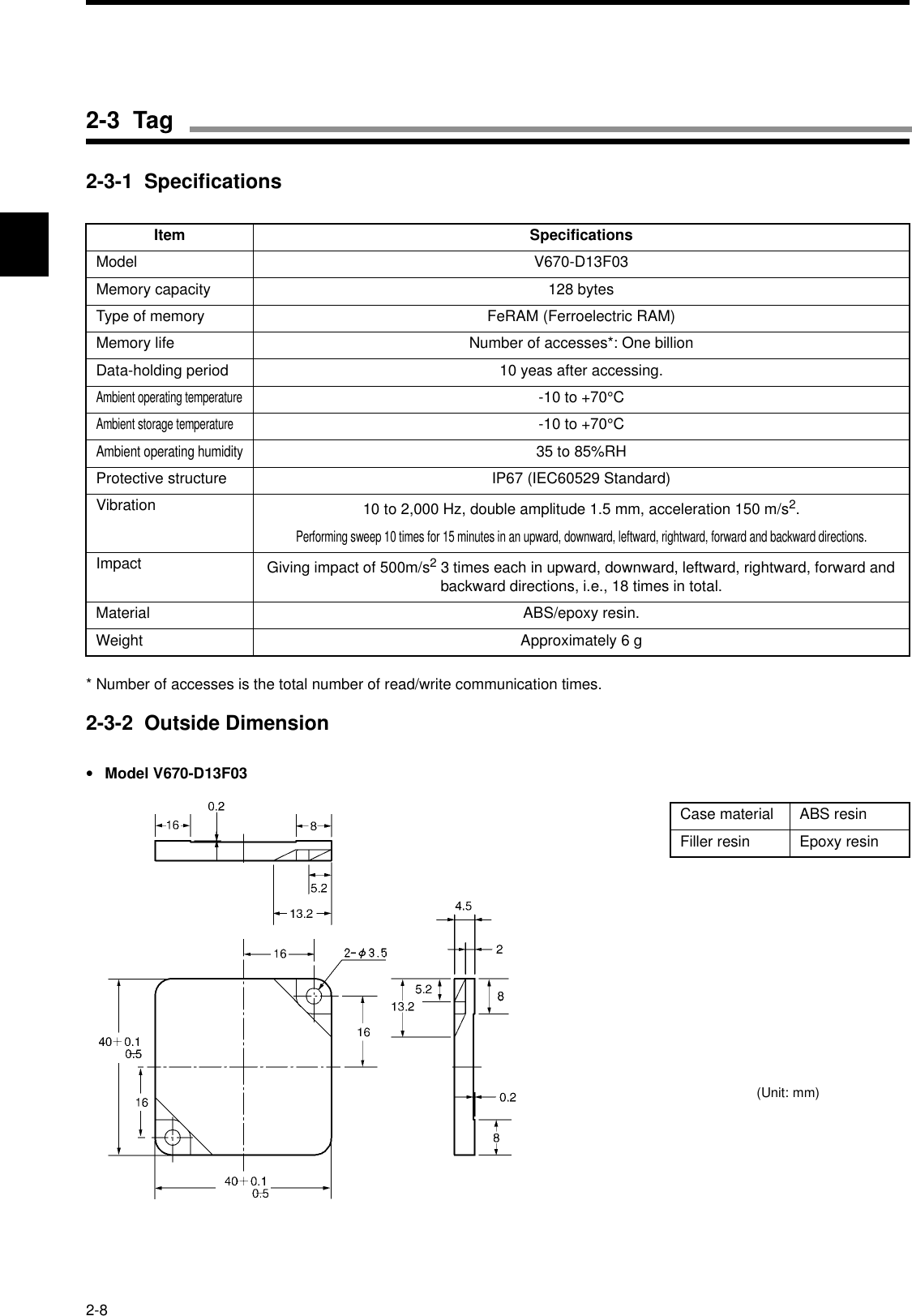 2-82-3-1  Specifications* Number of accesses is the total number of read/write communication times.2-3-2  Outside Dimension•Model V670-D13F03Item SpecificationsModel V670-D13F03Memory capacity 128 bytesType of memory FeRAM (Ferroelectric RAM)Memory life Number of accesses*: One billionData-holding period 10 yeas after accessing.Ambient operating temperature-10 to +70°CAmbient storage temperature-10 to +70°CAmbient operating humidity35 to 85%RHProtective structure IP67 (IEC60529 Standard)Vibration 10 to 2,000 Hz, double amplitude 1.5 mm, acceleration 150 m/s2.Performing sweep 10 times for 15 minutes in an upward, downward, leftward, rightward, forward and backward directions.Impact Giving impact of 500m/s2 3 times each in upward, downward, leftward, rightward, forward and backward directions, i.e., 18 times in total.Material ABS/epoxy resin.Weight Approximately 6 gCase material ABS resinFiller resin Epoxy resin(Unit: mm)2-3  Tag