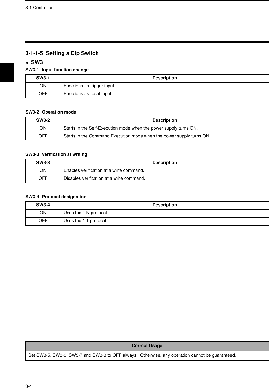 3-1 Controller3-43-1-1-5  Setting a Dip Switch♦SW3SW3-1: Input function changeSW3-2: Operation modeSW3-3: Verification at writingSW3-4: Protocol designationSW3-1 DescriptionON Functions as trigger input.OFF Functions as reset input.SW3-2 DescriptionON Starts in the Self-Execution mode when the power supply turns ON.OFF Starts in the Command Execution mode when the power supply turns ON.SW3-3 DescriptionON Enables verification at a write command.OFF Disables verification at a write command.SW3-4 DescriptionON Uses the 1:N protocol.OFF Uses the 1:1 protocol.Correct UsageSet SW3-5, SW3-6, SW3-7 and SW3-8 to OFF always.  Otherwise, any operation cannot be guaranteed.