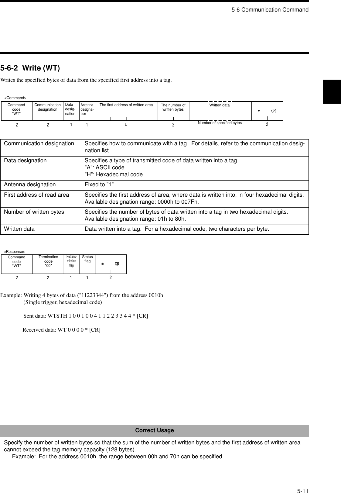 5-6 Communication Command5-115-6-2  Write (WT)Writes the specified bytes of data from the specified first address into a tag.Example: Writing 4 bytes of data (&quot;11223344&quot;) from the address 0010h(Single trigger, hexadecimal code)Sent data: WTSTH 1 0 0 1 0 0 4 1 1 2 2 3 3 4 4 * [CR]Received data: WT 0 0 0 0 * [CR]Communication designation Specifies how to communicate with a tag.  For details, refer to the communication desig-nation list.Data designation Specifies a type of transmitted code of data written into a tag.&quot;A&quot;: ASCII code&quot;H&quot;: Hexadecimal codeAntenna designation Fixed to &quot;1&quot;.First address of read area Specifies the first address of area, where data is written into, in four hexadecimal digits.Available designation range: 0000h to 007Fh.Number of written bytes Specifies the number of bytes of data written into a tag in two hexadecimal digits.Available designation range: 01h to 80h.Written data Data written into a tag.  For a hexadecimal code, two characters per byte.Correct UsageSpecify the number of written bytes so that the sum of the number of written bytes and the first address of written area cannot exceed the tag memory capacity (128 bytes).Example:  For the address 0010h, the range between 00h and 70h can be specified.&lt;Command&gt;Command code&quot;WT&quot;Communication designation Datadesig-nationAntenna designa-tionThe first address of written area The number of written bytes Written dataNumber of specified bytes&lt;Response&gt;Command code&quot;WT&quot;Termination code&quot;00&quot;Retrans-mission flagStatus flag
