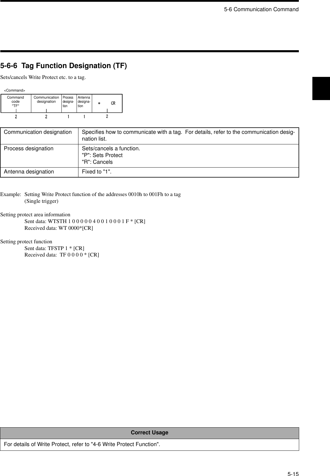 5-6 Communication Command5-155-6-6  Tag Function Designation (TF)Sets/cancels Write Protect etc. to a tag.Example: Setting Write Protect function of the addresses 0010h to 001Fh to a tag(Single trigger)Setting protect area informationSent data: WTSTH 1 0 0 0 0 0 4 0 0 1 0 0 0 1 F * [CR]Received data: WT 0000*[CR]Setting protect functionSent data: TFSTP 1 * [CR]Received data:  TF 0 0 0 0 * [CR]Communication designation Specifies how to communicate with a tag.  For details, refer to the communication desig-nation list.Process designation Sets/cancels a function.&quot;P&quot;: Sets Protect&quot;R&quot;: CancelsAntenna designation Fixed to &quot;1&quot;.Correct UsageFor details of Write Protect, refer to &quot;4-6 Write Protect Function&quot;.&lt;Command&gt;Command code&quot;TF&quot;Communication designationProcess designa-tionAntenna designa-tion