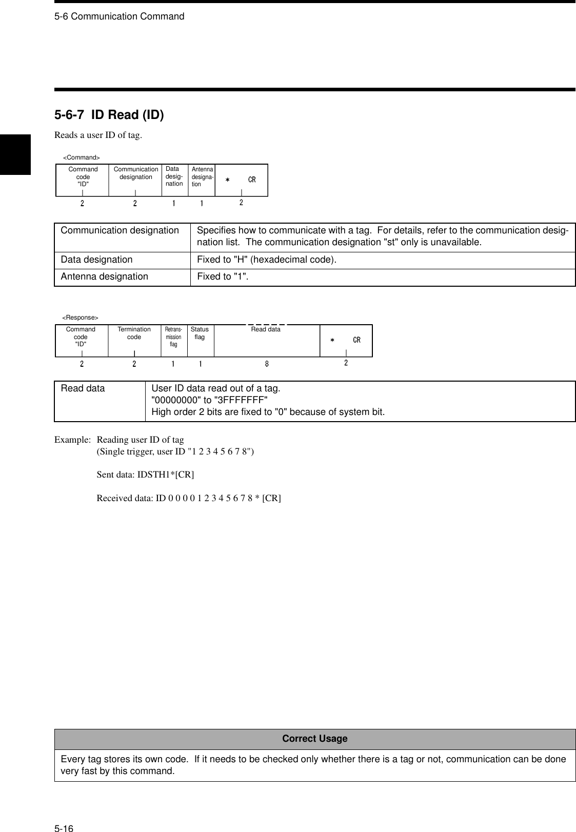 5-6 Communication Command5-165-6-7  ID Read (ID)Reads a user ID of tag.Example: Reading user ID of tag(Single trigger, user ID &quot;1 2 3 4 5 6 7 8&quot;)Sent data: IDSTH1*[CR]Received data: ID 0 0 0 0 1 2 3 4 5 6 7 8 * [CR]Communication designation Specifies how to communicate with a tag.  For details, refer to the communication desig-nation list.  The communication designation &quot;st&quot; only is unavailable.Data designation Fixed to &quot;H&quot; (hexadecimal code).Antenna designation Fixed to &quot;1&quot;.Read data User ID data read out of a tag.&quot;00000000&quot; to &quot;3FFFFFFF&quot;High order 2 bits are fixed to &quot;0&quot; because of system bit.Correct UsageEvery tag stores its own code.  If it needs to be checked only whether there is a tag or not, communication can be done very fast by this command.&lt;Command&gt;Command code&quot;ID&quot;Communication designationDatadesig-nationAntenna designa-tion&lt;Response&gt;Command code&quot;ID&quot;Termination codeRetrans-mission flagStatus flag Read data