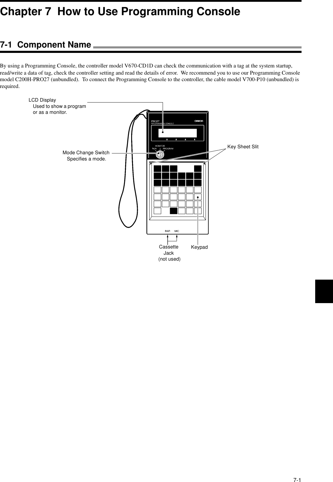 7-1By using a Programming Console, the controller model V670-CD1D can check the communication with a tag at the system startup, read/write a data of tag, check the controller setting and read the details of error.  We recommend you to use our Programming Console model C200H-PRO27 (unbundled).  To connect the Programming Console to the controller, the cable model V700-P10 (unbundled) is required.LCD DisplayUsed to show a program or as a monitor.Mode Change SwitchSpecifies a mode.Key Sheet SlitKeypadCassette Jack (not used)Chapter 7  How to Use Programming Console7-1  Component Name