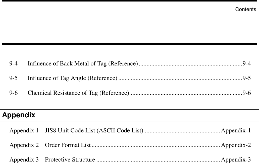 9-4 Influence of Back Metal of Tag (Reference)..................................................................9-49-5 Influence of Tag Angle (Reference) ...............................................................................9-59-6 Chemical Resistance of Tag (Reference)........................................................................9-6AppendixAppendix 1 JIS8 Unit Code List (ASCII Code List) ................................................Appendix-1Appendix 2 Order Format List..................................................................................Appendix-2Appendix 3 Protective Structure ...............................................................................Appendix-3Contents