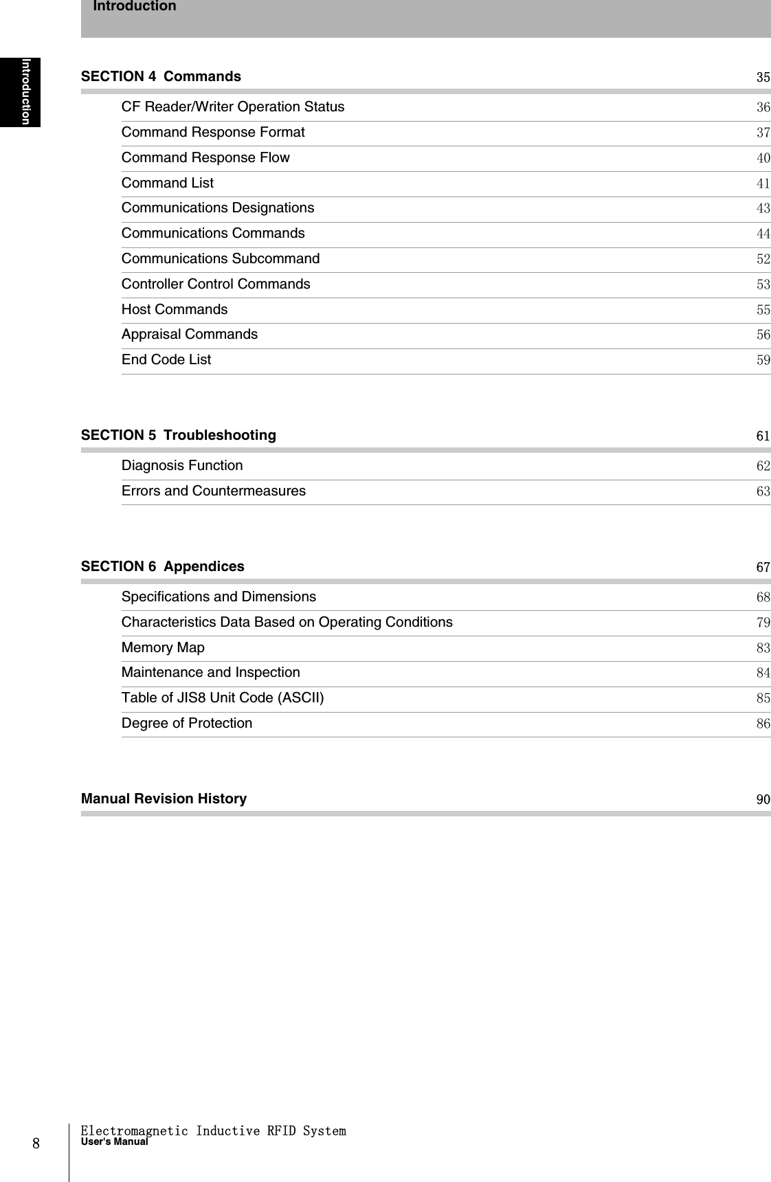 8Electromagnetic Inductive RFID SystemUser&apos;s ManualIntroductionIntroductionSECTION 4 Commands 35CF Reader/Writer Operation Status 36Command Response Format 37Command Response Flow 40Command List 41Communications Designations 43Communications Commands 44Communications Subcommand 52Controller Control Commands 53Host Commands 55Appraisal Commands 56End Code List 59SECTION 5 Troubleshooting 61Diagnosis Function 62Errors and Countermeasures 63SECTION 6 Appendices 67Specifications and Dimensions 68Characteristics Data Based on Operating Conditions 79Memory Map 83Maintenance and Inspection 84Table of JIS8 Unit Code (ASCII) 85Degree of Protection 86Manual Revision History 90