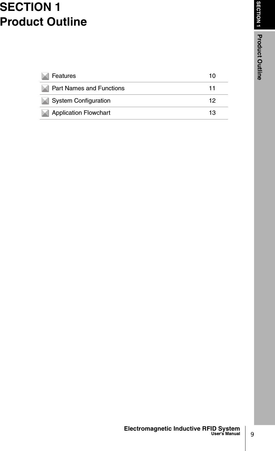 SECTION 1Product Outline9Electromagnetic Inductive RFID SystemUser&apos;s ManualSECTION 1Product OutlineFeatures 10Part Names and Functions 11System Configuration 12Application Flowchart 13
