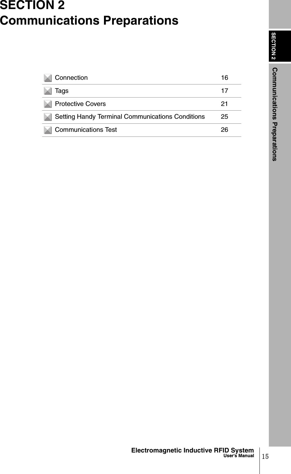 SECTION 2Communications Preparations15Electromagnetic Inductive RFID SystemUser&apos;s ManualSECTION 2Communications PreparationsConnection 16Tags 17Protective Covers 21Setting Handy Terminal Communications Conditions 25Communications Test 26