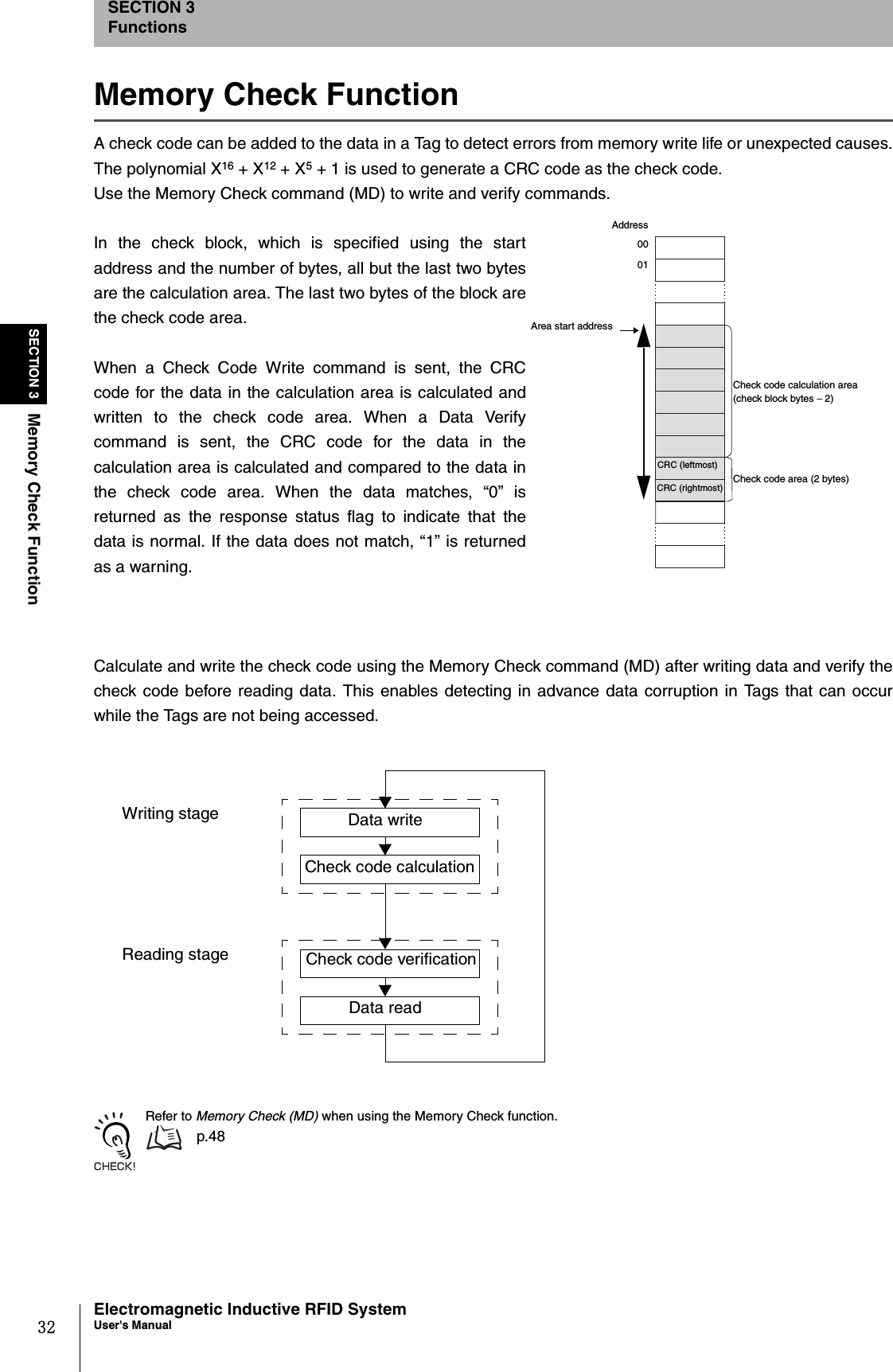 32SECTION 3Memory Check FunctionElectromagnetic Inductive RFID SystemUser&apos;s ManualSECTION 3FunctionsMemory Check FunctionA check code can be added to the data in a Tag to detect errors from memory write life or unexpected causes.The polynomial X16 + X12 + X5 + 1 is used to generate a CRC code as the check code.Use the Memory Check command (MD) to write and verify commands.In the check block, which is specified using the startaddress and the number of bytes, all but the last two bytesare the calculation area. The last two bytes of the block arethe check code area.When a Check Code Write command is sent, the CRCcode for the data in the calculation area is calculated andwritten to the check code area. When a Data Verifycommand is sent, the CRC code for the data in thecalculation area is calculated and compared to the data inthe check code area. When the data matches, “0” isreturned as the response status flag to indicate that thedata is normal. If the data does not match, “1” is returnedas a warning.Calculate and write the check code using the Memory Check command (MD) after writing data and verify thecheck code before reading data. This enables detecting in advance data corruption in Tags that can occurwhile the Tags are not being accessed.Refer to Memory Check (MD) when using the Memory Check function. p.48Check code calculation area (check block bytes − 2)Area start addressCheck code area (2 bytes)Address0001CRC (leftmost)CRC (rightmost)Data writeCheck code calculationCheck code verificationData readWriting stageReading stage