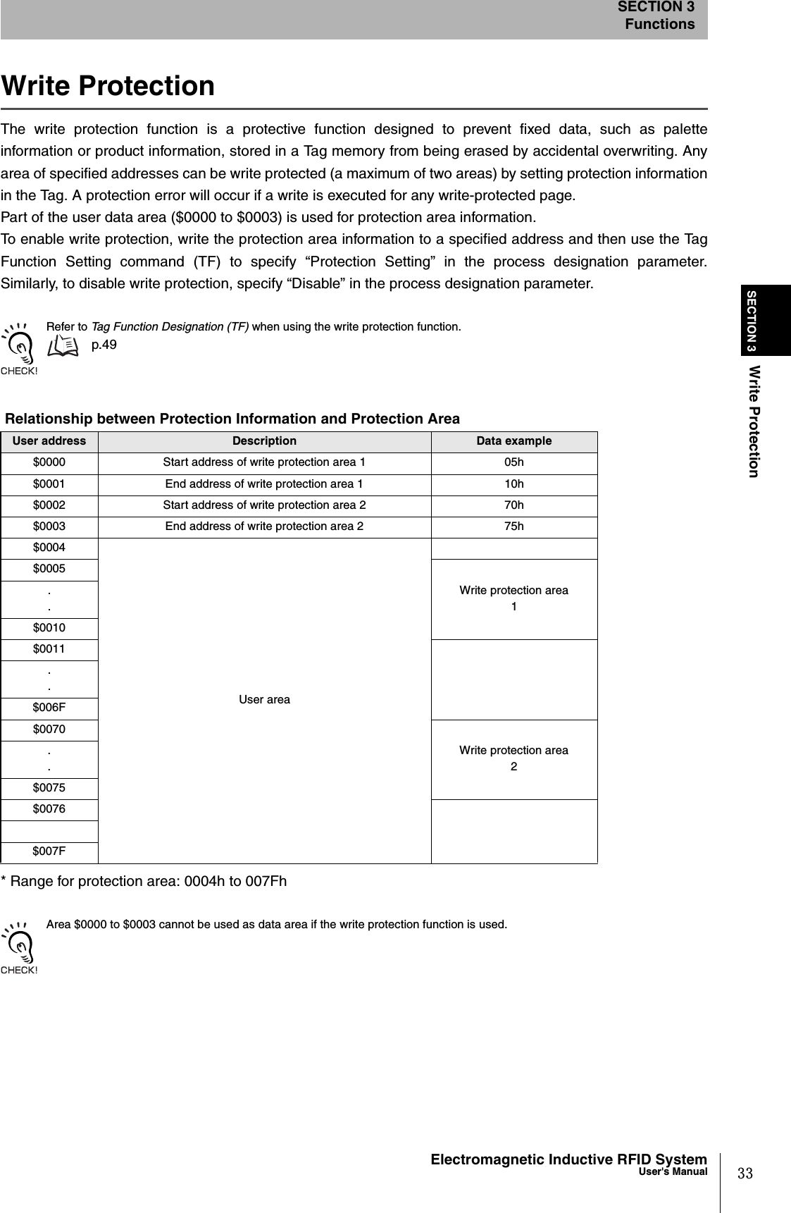 33Electromagnetic Inductive RFID SystemUser&apos;s ManualSECTION 3Write ProtectionSECTION 3FunctionsWrite ProtectionThe write protection function is a protective function designed to prevent fixed data, such as paletteinformation or product information, stored in a Tag memory from being erased by accidental overwriting. Anyarea of specified addresses can be write protected (a maximum of two areas) by setting protection informationin the Tag. A protection error will occur if a write is executed for any write-protected page.Part of the user data area ($0000 to $0003) is used for protection area information.To enable write protection, write the protection area information to a specified address and then use the TagFunction Setting command (TF) to specify “Protection Setting” in the process designation parameter.Similarly, to disable write protection, specify “Disable” in the process designation parameter.Refer to Tag Function Designation (TF) when using the write protection function. p.49* Range for protection area: 0004h to 007FhArea $0000 to $0003 cannot be used as data area if the write protection function is used. Relationship between Protection Information and Protection AreaUser address Description Data example$0000 Start address of write protection area 1 05h$0001 End address of write protection area 1 10h$0002 Start address of write protection area 2 70h$0003 End address of write protection area 2 75h$0004User area$0005Write protection area1..$0010$0011..$006F$0070Write protection area2..$0075$0076$007F