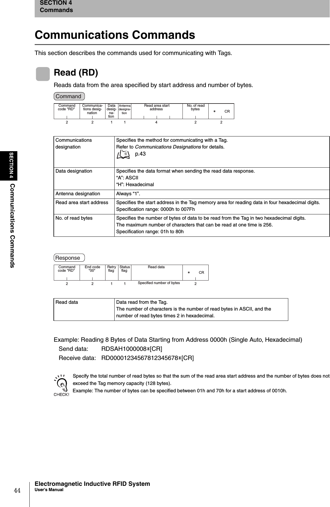 44SECTION 4Communications CommandsElectromagnetic Inductive RFID SystemUser&apos;s ManualSECTION 4CommandsCommunications CommandsThis section describes the commands used for communicating with Tags.Read (RD)Reads data from the area specified by start address and number of bytes.Example: Reading 8 Bytes of Data Starting from Address 0000h (Single Auto, Hexadecimal)   Send data: RDSAH1000008*[CR]   Receive data: RD00001234567812345678*[CR]Specify the total number of read bytes so that the sum of the read area start address and the number of bytes does notexceed the Tag memory capacity (128 bytes).Example: The number of bytes can be specified between 01h and 70h for a start address of 0010h.Communications designationSpecifies the method for communicating with a Tag.Refer to Communications Designations for details. p.43Data designation Specifies the data format when sending the read data response.“A”: ASCII “H”: Hexadecimal Antenna designation Always “1”.Read area start address Specifies the start address in the Tag memory area for reading data in four hexadecimal digits.Specification range: 0000h to 007FhNo. of read bytes Specifies the number of bytes of data to be read from the Tag in two hexadecimal digits.The maximum number of characters that can be read at one time is 256.Specification range: 01h to 80hRead data Data read from the Tag.The number of characters is the number of read bytes in ASCII, and the number of read bytes times 2 in hexadecimal.2 22211 4㧖CRCommand code &quot;RD&quot;  Data desig-na-tion Antenna designa-tion Read area start address  No. of read bytes Communica-tions desig-nation Command 2211 2㧖CRCommand code &quot;RD&quot;  Retry flag  Status flag End code &quot;00&quot; Specified number of bytes Read data Response 