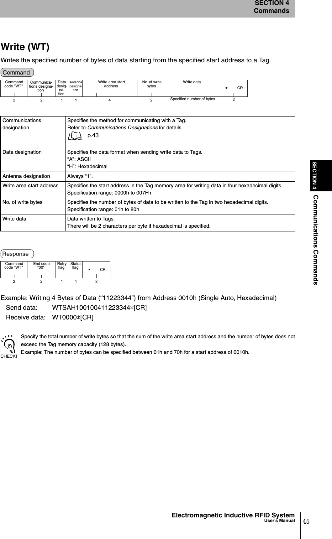 45Electromagnetic Inductive RFID SystemUser&apos;s ManualSECTION 4Communications CommandsSECTION 4CommandsWrite (WT)Writes the specified number of bytes of data starting from the specified start address to a Tag.Example: Writing 4 Bytes of Data (“11223344”) from Address 0010h (Single Auto, Hexadecimal)   Send data: WTSAH100100411223344*[CR]   Receive data: WT0000*[CR]Specify the total number of write bytes so that the sum of the write area start address and the number of bytes does notexceed the Tag memory capacity (128 bytes).Example: The number of bytes can be specified between 01h and 70h for a start address of 0010h.Communications designationSpecifies the method for communicating with a Tag.Refer to Communications Designations for details. p.43Data designation Specifies the data format when sending write data to Tags.“A”: ASCII“H”: HexadecimalAntenna designation Always “1”.Write area start address Specifies the start address in the Tag memory area for writing data in four hexadecimal digits.Specification range: 0000h to 007FhNo. of write bytes Specifies the number of bytes of data to be written to the Tag in two hexadecimal digits.Specification range: 01h to 80hWrite data Data written to Tags.There will be 2 characters per byte if hexadecimal is specified.2 2 211 4 2㧖CRCommand code &quot;WT&quot;  Data desig-na-tion Antenna designa-tion Write area start address Communica-tions designa-tion No. of write bytes Specified number of bytes Write data Command 22112㧖CRCommand code &quot;WT&quot;  Retry flag  Status flag End code &quot;00&quot; Response 