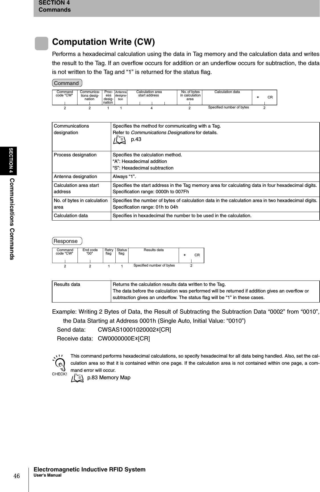 46SECTION 4Communications CommandsElectromagnetic Inductive RFID SystemUser&apos;s ManualSECTION 4CommandsComputation Write (CW)Performs a hexadecimal calculation using the data in Tag memory and the calculation data and writesthe result to the Tag. If an overflow occurs for addition or an underflow occurs for subtraction, the datais not written to the Tag and “1” is returned for the status flag.Example: Writing 2 Bytes of Data, the Result of Subtracting the Subtraction Data “0002” from “0010”,the Data Starting at Address 0001h (Single Auto, Initial Value: “0010”)   Send data:  CWSAS10001020002*[CR]   Receive data:  CW0000000E*[CR]This command performs hexadecimal calculations, so specify hexadecimal for all data being handled. Also, set the cal-culation area so that it is contained within one page. If the calculation area is not contained within one page, a com-mand error will occur.p.83 Memory MapCommunications designationSpecifies the method for communicating with a Tag.Refer to Communications Designations for details. p.43Process designation Specifies the calculation method.“A”: Hexadecimal addition“S”: Hexadecimal subtractionAntenna designation Always “1”.Calculation area start addressSpecifies the start address in the Tag memory area for calculating data in four hexadecimal digits.Specification range: 0000h to 007FhNo. of bytes in calculation areaSpecifies the number of bytes of calculation data in the calculation area in two hexadecimal digits.Specification range: 01h to 04hCalculation data Specifies in hexadecimal the number to be used in the calculation.Results data Returns the calculation results data written to the Tag.The data before the calculation was performed will be returned if addition gives an overflow or subtraction gives an underflow. The status flag will be “1” in these cases.2 2 211 4 2㧖CRCommand code &quot;CW&quot;  Proc-ess desig-nation Antenna designa-tion Calculation area start address Communica-tions desig-nation No. of bytes in calculation area Specified number of bytes Calculation data Command 2211 2㧖CRCommand code &quot;CW&quot;  Retry flag  Status flag End code &quot;00&quot;  Results data Specified number of bytes Response 