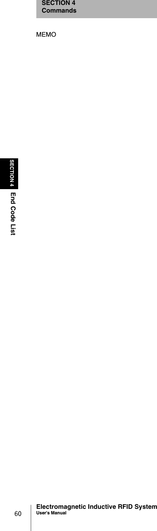 60SECTION 4End Code ListElectromagnetic Inductive RFID SystemUser&apos;s ManualSECTION 4CommandsMEMO