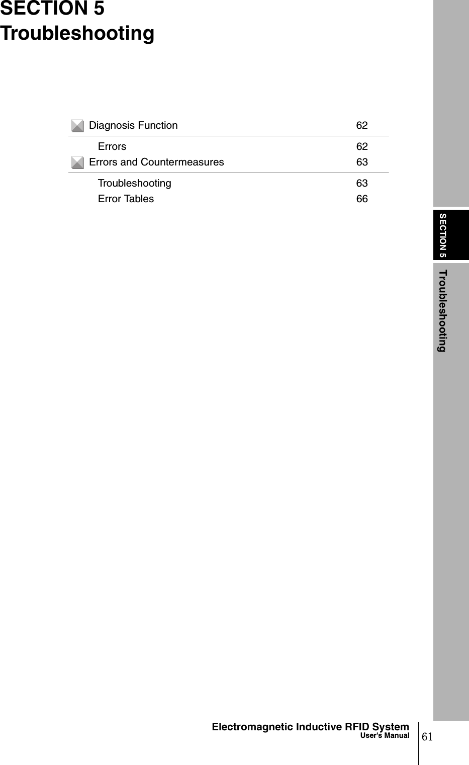 SECTION 5Troubleshooting61Electromagnetic Inductive RFID SystemUser&apos;s ManualSECTION 5TroubleshootingDiagnosis Function 62Errors 62Errors and Countermeasures 63Troubleshooting 63Error Tables 66