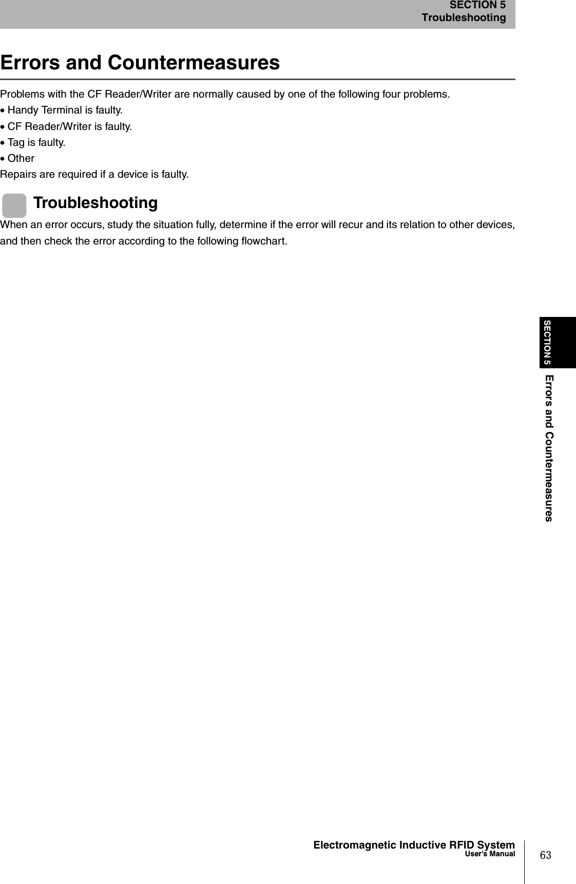 63Electromagnetic Inductive RFID SystemUser&apos;s ManualSECTION 5Errors and CountermeasuresSECTION 5TroubleshootingErrors and CountermeasuresProblems with the CF Reader/Writer are normally caused by one of the following four problems. • Handy Terminal is faulty.• CF Reader/Writer is faulty.• Tag is faulty.• OtherRepairs are required if a device is faulty.TroubleshootingWhen an error occurs, study the situation fully, determine if the error will recur and its relation to other devices,and then check the error according to the following flowchart.