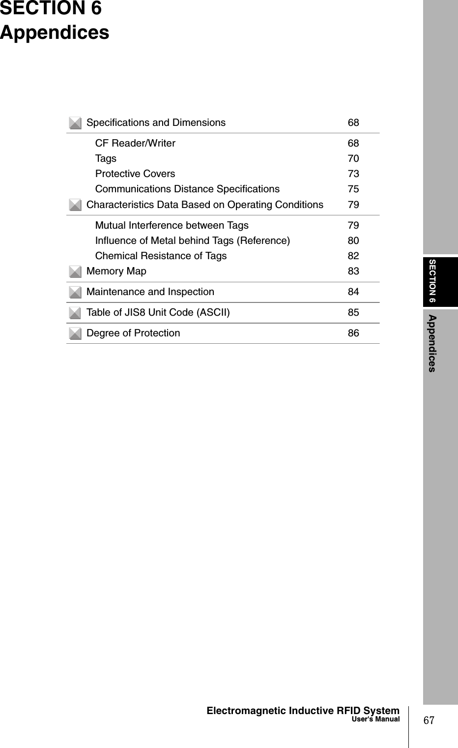 SECTION 6Appendices67Electromagnetic Inductive RFID SystemUser&apos;s ManualSECTION 6AppendicesSpecifications and Dimensions 68CF Reader/Writer 68Tags 70Protective Covers 73Communications Distance Specifications 75Characteristics Data Based on Operating Conditions 79Mutual Interference between Tags 79Influence of Metal behind Tags (Reference) 80Chemical Resistance of Tags 82Memory Map 83Maintenance and Inspection 84Table of JIS8 Unit Code (ASCII) 85Degree of Protection 86