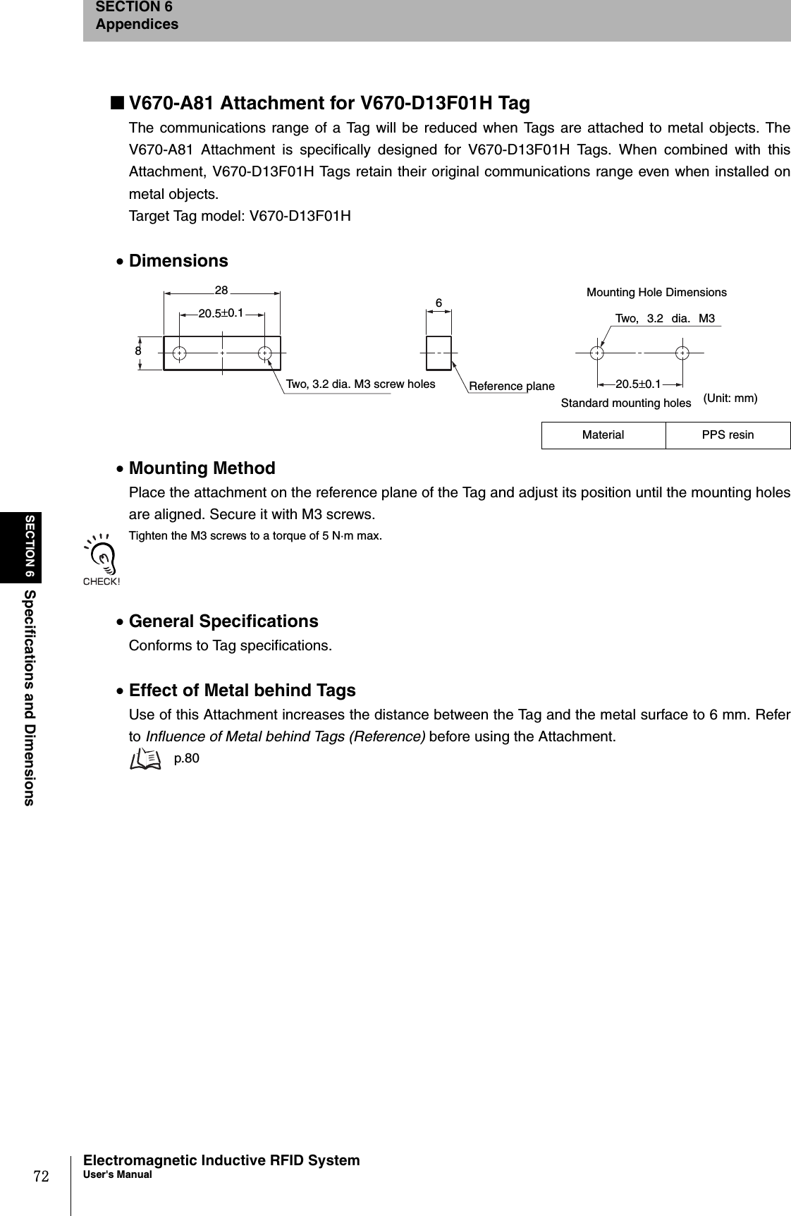 72SECTION 6Specifications and DimensionsElectromagnetic Inductive RFID SystemUser&apos;s ManualSECTION 6Appendices■V670-A81 Attachment for V670-D13F01H TagThe communications range of a Tag will be reduced when Tags are attached to metal objects. TheV670-A81 Attachment is specifically designed for V670-D13F01H Tags. When combined with thisAttachment, V670-D13F01H Tags retain their original communications range even when installed onmetal objects.Target Tag model: V670-D13F01H•Dimensions•Mounting MethodPlace the attachment on the reference plane of the Tag and adjust its position until the mounting holesare aligned. Secure it with M3 screws.Tighten the M3 screws to a torque of 5 N·m max.•General SpecificationsConforms to Tag specifications.•Effect of Metal behind TagsUse of this Attachment increases the distance between the Tag and the metal surface to 6 mm. Referto Influence of Metal behind Tags (Reference) before using the Attachment. p.80Two, 3.2 dia. M3 screw holes Reference plane6820.5±0.128(Unit: mm)Two, 3.2 dia. M3Standard mounting holes20.5±0.1Mounting Hole DimensionsMaterial PPS resin