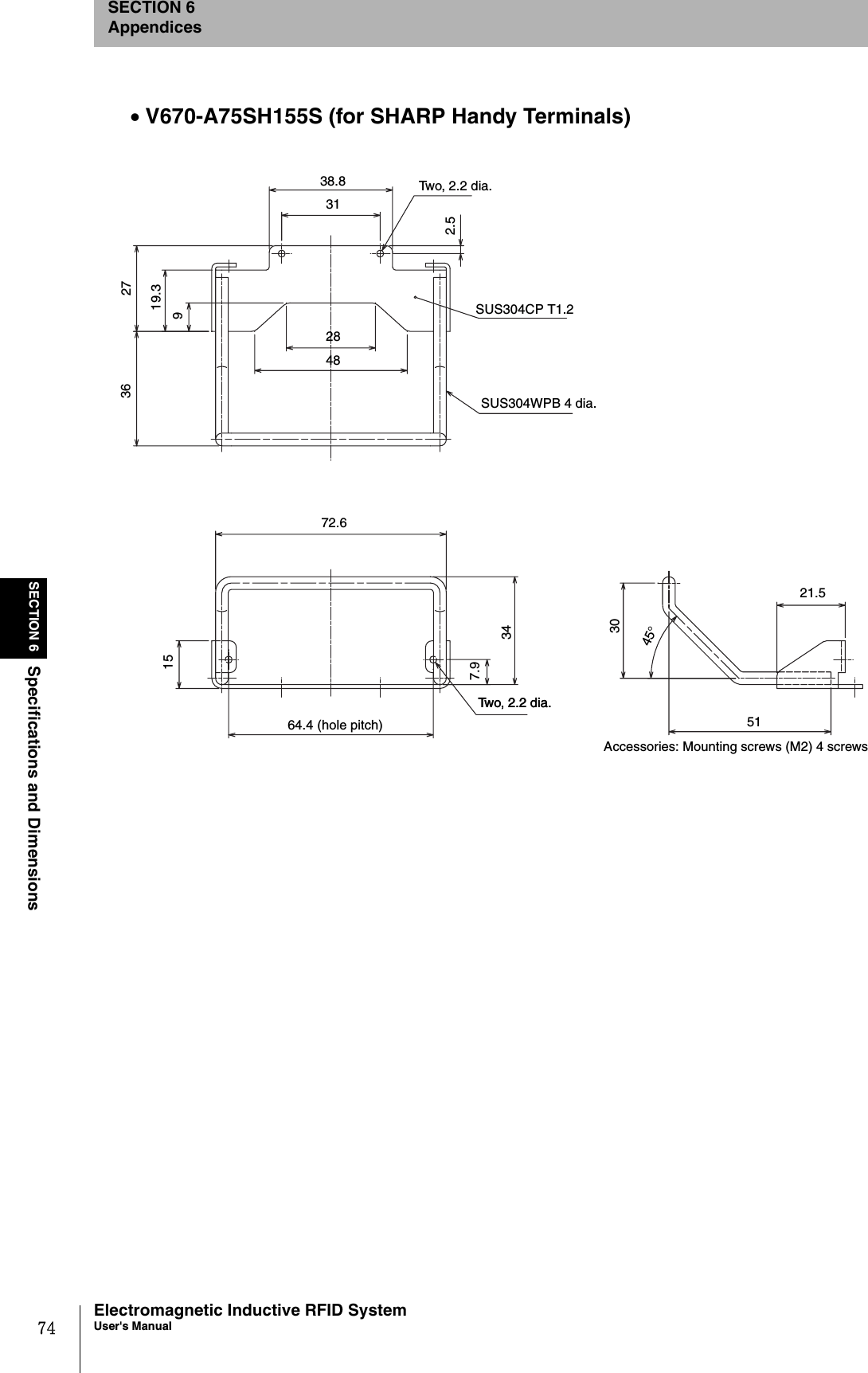 74SECTION 6Specifications and DimensionsElectromagnetic Inductive RFID SystemUser&apos;s ManualSECTION 6Appendices•V670-A75SH155S (for SHARP Handy Terminals)Two, 2.2 dia.SUS304CP T1.2SUS304WPB 4 dia.38.83148919.3273672.61564.4 (hole pitch)347.9Two, 2.2 dia.3045°5121.5282.5Two, 2.2 dia.Accessories: Mounting screws (M2) 4 screws