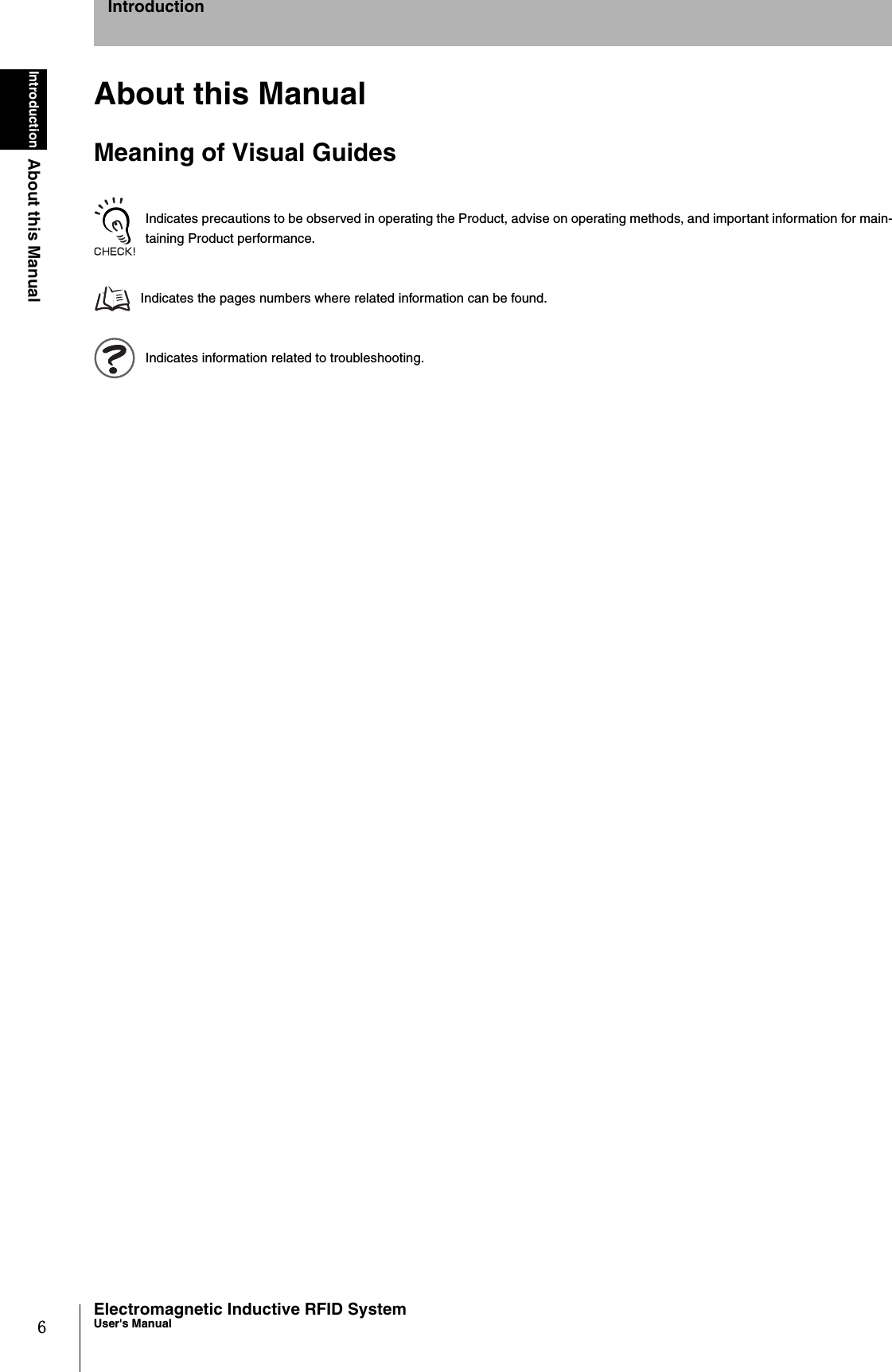 6IntroductionAbout this ManualElectromagnetic Inductive RFID SystemUser&apos;s ManualIntroductionAbout this ManualMeaning of Visual GuidesIndicates precautions to be observed in operating the Product, advise on operating methods, and important information for main-taining Product performance. Indicates the pages numbers where related information can be found. Indicates information related to troubleshooting. 