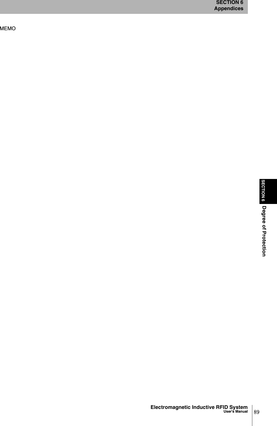 SECTION 6Degree of ProtectionSECTION 6Appendices89Electromagnetic Inductive RFID SystemUser&apos;s ManualMEMO