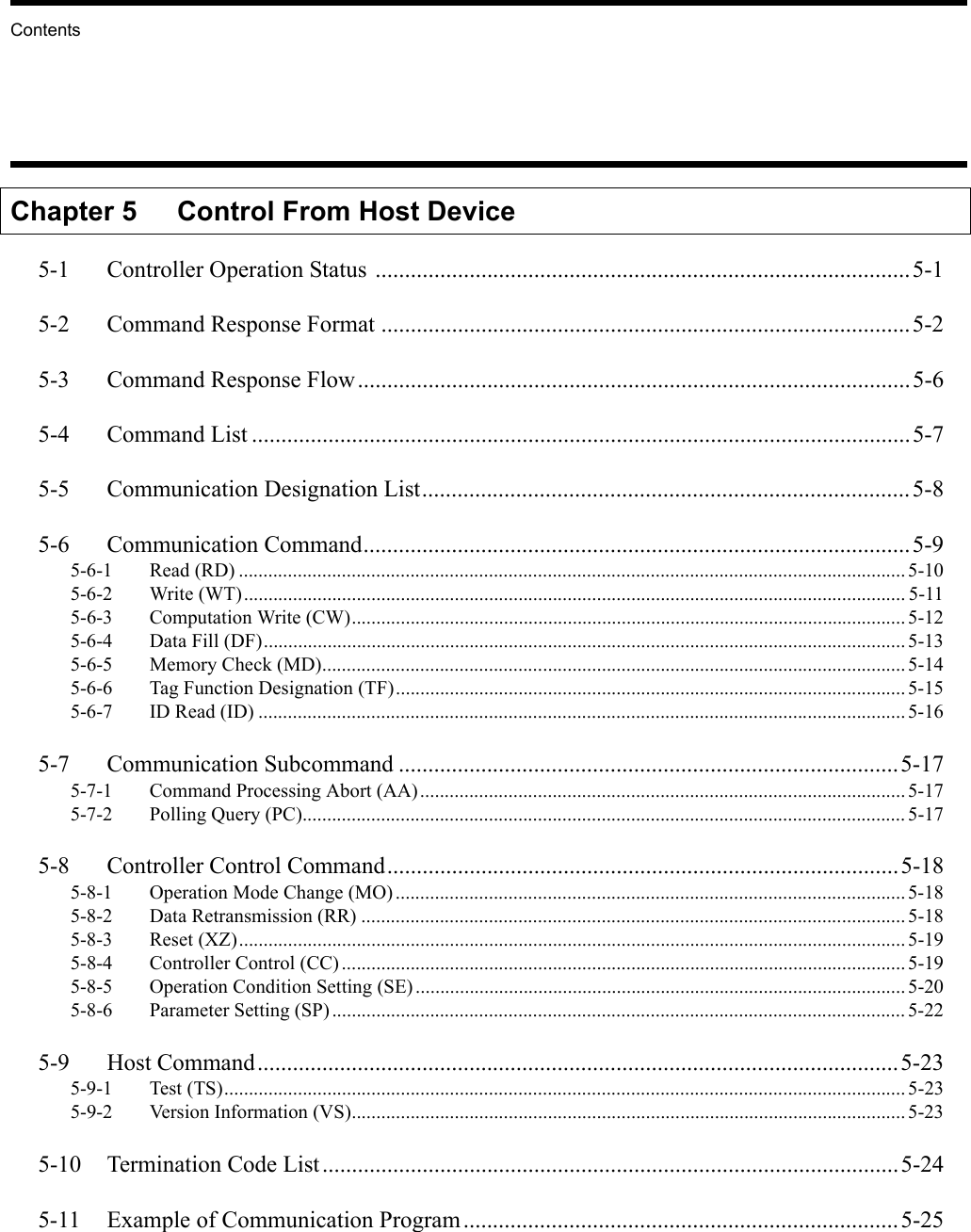 ContentsChapter 5 Control From Host Device5-1 Controller Operation Status ...........................................................................................5-15-2 Command Response Format ..........................................................................................5-25-3 Command Response Flow..............................................................................................5-65-4 Command List ................................................................................................................5-75-5 Communication Designation List...................................................................................5-85-6 Communication Command.............................................................................................5-95-6-1 Read (RD) ........................................................................................................................................5-105-6-2 Write (WT)....................................................................................................................................... 5-115-6-3 Computation Write (CW).................................................................................................................5-125-6-4 Data Fill (DF)...................................................................................................................................5-135-6-5 Memory Check (MD).......................................................................................................................5-145-6-6 Tag Function Designation (TF)........................................................................................................5-155-6-7 ID Read (ID) ....................................................................................................................................5-165-7 Communication Subcommand .....................................................................................5-175-7-1 Command Processing Abort (AA)...................................................................................................5-175-7-2 Polling Query (PC)........................................................................................................................... 5-175-8 Controller Control Command.......................................................................................5-185-8-1 Operation Mode Change (MO)........................................................................................................5-185-8-2 Data Retransmission (RR) ...............................................................................................................5-185-8-3 Reset (XZ)........................................................................................................................................5-195-8-4 Controller Control (CC)...................................................................................................................5-195-8-5 Operation Condition Setting (SE)....................................................................................................5-205-8-6 Parameter Setting (SP)..................................................................................................................... 5-225-9 Host Command.............................................................................................................5-235-9-1 Test (TS)...........................................................................................................................................5-235-9-2 Version Information (VS).................................................................................................................5-235-10 Termination Code List..................................................................................................5-245-11 Example of Communication Program..........................................................................5-25