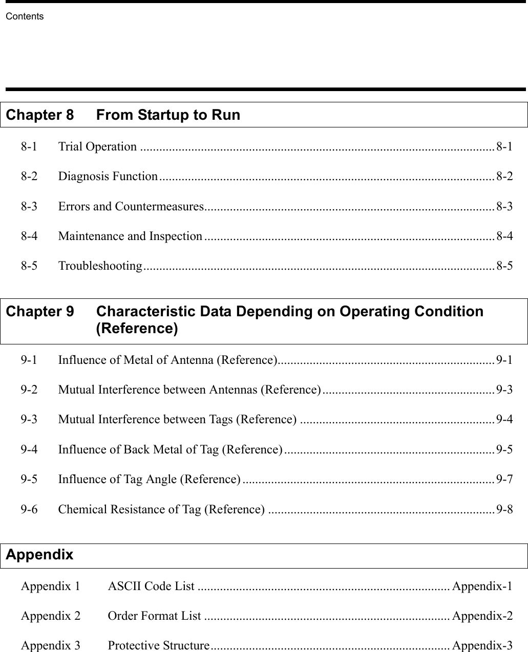 ContentsChapter 8 From Startup to Run8-1 Trial Operation ...............................................................................................................8-18-2 Diagnosis Function.........................................................................................................8-28-3 Errors and Countermeasures...........................................................................................8-38-4 Maintenance and Inspection...........................................................................................8-48-5 Troubleshooting..............................................................................................................8-5Chapter 9 Characteristic Data Depending on Operating Condition (Reference)9-1 Influence of Metal of Antenna (Reference)....................................................................9-19-2 Mutual Interference between Antennas (Reference)......................................................9-39-3 Mutual Interference between Tags (Reference) .............................................................9-49-4 Influence of Back Metal of Tag (Reference)..................................................................9-59-5 Influence of Tag Angle (Reference) ...............................................................................9-79-6 Chemical Resistance of Tag (Reference) .......................................................................9-8AppendixAppendix 1 ASCII Code List ............................................................................... Appendix-1Appendix 2 Order Format List ............................................................................. Appendix-2Appendix 3 Protective Structure........................................................................... Appendix-3
