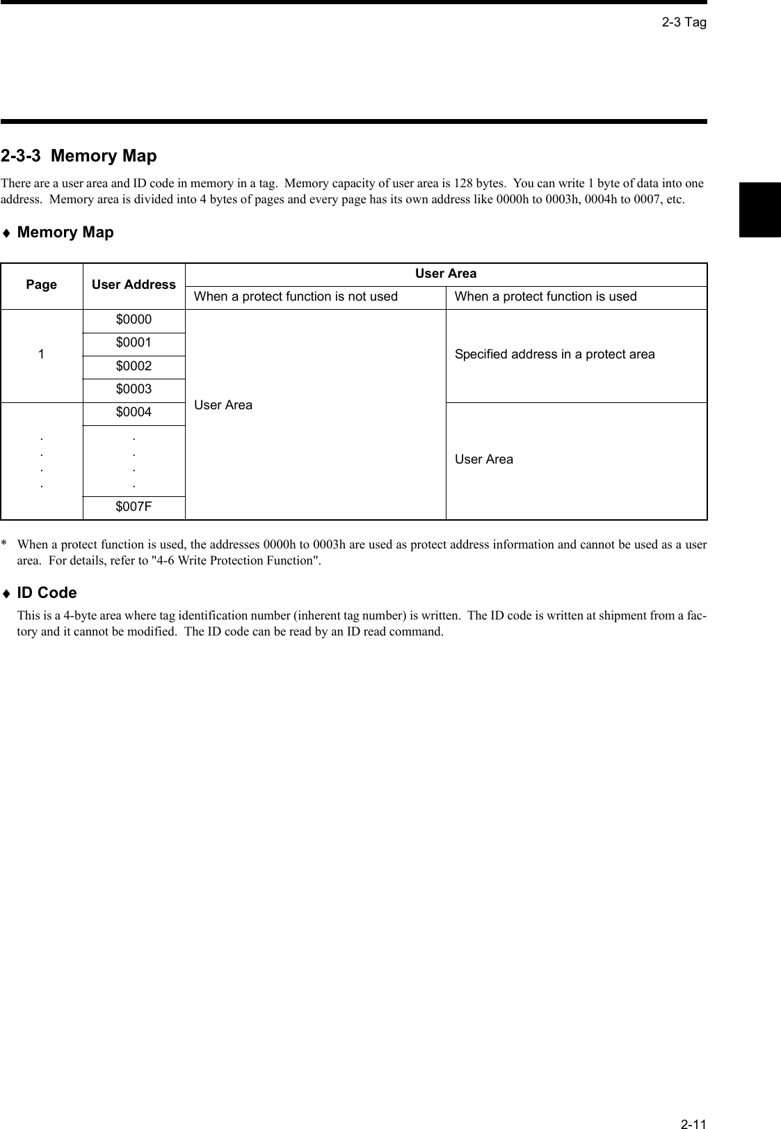 2-3 Tag2-112-3-3  Memory MapThere are a user area and ID code in memory in a tag.  Memory capacity of user area is 128 bytes.  You can write 1 byte of data into one address.  Memory area is divided into 4 bytes of pages and every page has its own address like 0000h to 0003h, 0004h to 0007, etc.♦Memory Map*  When a protect function is used, the addresses 0000h to 0003h are used as protect address information and cannot be used as a userarea.  For details, refer to &quot;4-6 Write Protection Function&quot;.♦ID CodeThis is a 4-byte area where tag identification number (inherent tag number) is written.  The ID code is written at shipment from a fac-tory and it cannot be modified.  The ID code can be read by an ID read command.Page User Address User AreaWhen a protect function is not used When a protect function is used1$0000User AreaSpecified address in a protect area$0001$0002$0003....$0004User Area....$007F