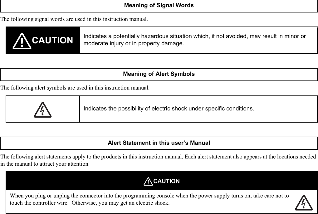 The following signal words are used in this instruction manual.The following alert symbols are used in this instruction manual.The following alert statements apply to the products in this instruction manual. Each alert statement also appears at the locations needed in the manual to attract your attention. Meaning of Signal WordsCAUTION Indicates a potentially hazardous situation which, if not avoided, may result in minor or moderate injury or in property damage.Meaning of Alert SymbolsIndicates the possibility of electric shock under specific conditions.Alert Statement in this user’s ManualCAUTIONWhen you plug or unplug the connector into the programming console when the power supply turns on, take care not to touch the controller wire.  Otherwise, you may get an electric shock.