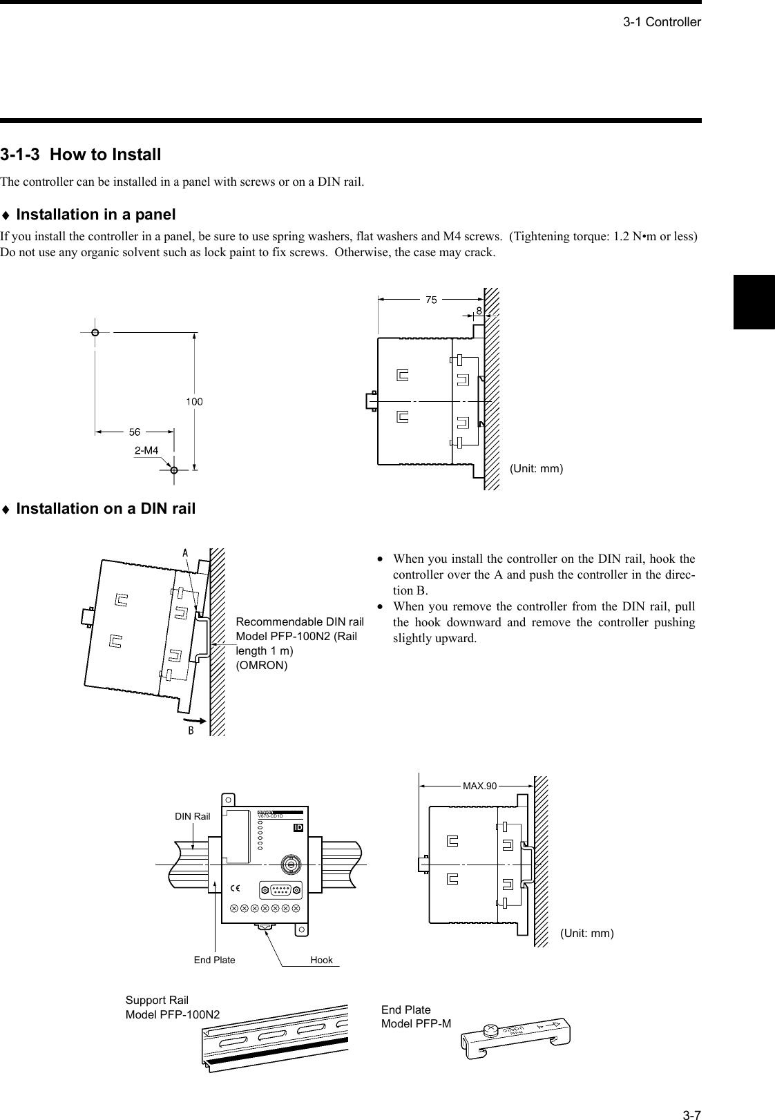 3-1 Controller3-73-1-3  How to InstallThe controller can be installed in a panel with screws or on a DIN rail.♦Installation in a panelIf you install the controller in a panel, be sure to use spring washers, flat washers and M4 screws.  (Tightening torque: 1.2 N•m or less)Do not use any organic solvent such as lock paint to fix screws.  Otherwise, the case may crack.♦Installation on a DIN rail(Unit: mm)•When you install the controller on the DIN rail, hook thecontroller over the A and push the controller in the direc-tion B.•When you remove the controller from the DIN rail, pullthe hook downward and remove the controller pushingslightly upward.Recommendable DIN railModel PFP-100N2 (Rail length 1 m)(OMRON)MAX.90DIN RailEnd Plate HookV670-CD1DV670-CD1DIDSupport RailModel PFP-100N2 End PlateModel PFP-M(Unit: mm)
