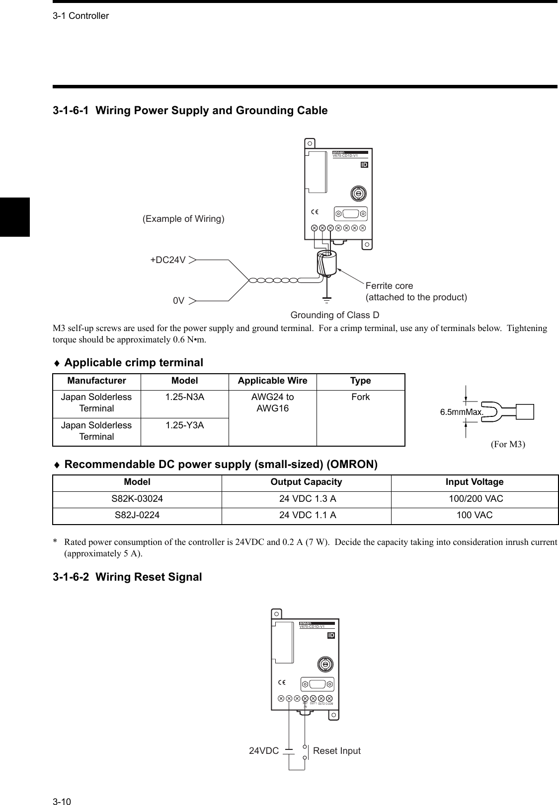 3-1 Controller3-103-1-6-1  Wiring Power Supply and Grounding CableM3 self-up screws are used for the power supply and ground terminal.  For a crimp terminal, use any of terminals below.  Tightening torque should be approximately 0.6 N•m.♦Applicable crimp terminal♦Recommendable DC power supply (small-sized) (OMRON)* Rated power consumption of the controller is 24VDC and 0.2 A (7 W).  Decide the capacity taking into consideration inrush current(approximately 5 A).3-1-6-2  Wiring Reset SignalManufacturer Model Applicable Wire TypeJapan Solderless Ter m i n al1.25-N3A AWG24 to AWG16ForkJapan Solderless Ter m i n al1.25-Y3AModel Output Capacity Input VoltageS82K-03024  24 VDC 1.3 A  100/200 VACS82J-0224  24 VDC 1.1 A 100 VACV6 7 0 - CD1 DV670-CD1D-V1IDGrounding of Class D  +DC24V0V(Example of Wiring)  Ferrite core (attached to the product)24VDC Reset Input  O.COMOUT2OUT1RST/INV6 7 0 - CD1 DV670-CD1D-V1ID(For M3)