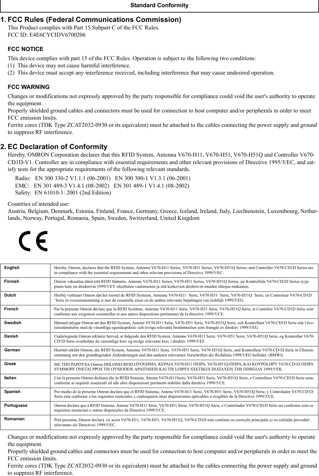 1. FCC Rules (Federal Communications Commission)This Product complies with Part 15 Subpart C of the FCC Rules.FCC ID: E4E6CYCIDV6700206FCC NOTICEThis device complies with part 15 of the FCC Rules. Operation is subject to the following two conditions:(1)  This device may not cause harmful interference.(2)  This device must accept any interference received, including interference that may cause undesired operation.FCC WARNINGChanges or modifications not expressly approved by the party responsible for compliance could void the user&apos;s authority to operate the equipment.Properly shielded ground cables and connectors must be used for connection to host computer and/or peripherals in order to meet FCC emission limits.Ferrite cores (TDK Type ZCAT2032-0930 or its equivalent) must be attached to the cables connecting the power supply and ground to suppress RF interference. 2. EC Declaration of ConformityHereby, OMRON Corporation declares that this RFID System, Antenna V670-H11, V670-H51, V670-H51Q and Controller V670-CD1D-V1. Controller are in compliance with essential requirements and other relevant provisions of Directive 1995/5/EC, and sat-isfy tests for the appropriate requirements of the following relevant standards.Radio:   EN 300 330-2 V1.1.1 (06-2001)   EN 300 300-1 V1.3.1 (06-2001)EMC:   EN 301 489-3 V1.4.1 (08-2002)   EN 301 489-1 V1.4.1 (08-2002)Safety:  EN 61010-1: 2001 (2nd Edition)Countries of intended use:Austria, Belgium, Denmark, Estonia, Finland, France, Germany, Greece, Iceland, Ireland, Italy, Liechtenstein, Luxembourg, Nether-lands, Norway, Portugal, Romania, Spain, Sweden, Switzerland, United KingdomChanges or modifications not expressly approved by the party responsible for compliance could void the user&apos;s authority to operate the equipment.Properly shielded ground cables and connectors must be used for connection to host computer and/or peripherals in order to meet the FCC emission limits.Ferrite cores (TDK Type ZCAT2032-0930 or its equivalent) must be attached to the cables connecting the power supply and ground to suppress RF interference. Standard ConformityEnglish Hereby, Omron, declares that the RFID System, Antenna V670-H11 Series, V670-H51 Series, V670-H51Q Series, and Controller V670-CD1D Series are in compliance with the essential requirements and other relevant provisions of Directive 1999/5/EC.Finnish Omron vakuuttaa täten että RFID Säännös, Antenni V670-H11 Series, V670-H51 Series, V670-H51Q Series, jar Kontrollida V670-CD1D Series tyyp-pinen laite on direktiivin 1999/5/EY oleellisten vaatimusten ja sitä koskevien direktiivin muiden ehtojen mukainen.Dutch Hierbij verklaart Omron dat het toestel de RFID Systeem, Antenne V670-H11 ´Serie, V670-H51 ´Serie, V670-H51Q ´Serie, en Controleur V670-CD1D ´Serie in overeenstemming is met de essentiële eisen en de andere relevante bepalingen van richtlijh 1999/5/EG.French  Par la présente Omron déclare que la RFID Système, Antenne V670-H11 Série, V670-H51 Série, V670-H51Q Série, et Contrôler V670-CD1D Série sont conforme aux exigences essentielles et aux autres dispositions pertinentes de la directive 1999/5/CE.Swedish  Härmed intygar Omron att den RFID System, Antenn V670-H11 Serie, V670-H51 Serie, V670-H51Q Serie, och Kontrollant V670-CD1D Serie stär l öve-rensstämmelse med de väsentliga egenskapskrav och övriga relevanta bestämmelser som framgår av direktiv 1999/5/EG.Danish  Undertegnede Omron erklærer herved, at følgende den RFID System, Antenne V670-H11 Serie, V670-H51 Serie, V670-H51Q Serie, og Kontrollør V670-CD1D Serie overholder de væsentlige krav og øvrige relevante krav i direktiv 1999/5/EF.German  Hiermit erklärt Omron, die RFID System, Antenne V670-H11 Serie, V670-H51 Serie, V670-H51Q Serie, und Kontrolleur V670-CD1D Serie in Überein-stimmung mit den grundlegenden Anforderungen und den anderen relevanten Vorschriften der Richtlinie 1999/5/EG befindet. (BMWi)Greek  ME THN PAPOYSA Omron DHLONEI RFID O’YO’GHMA, KEPAIA V670-H11 O’EIPA, V670-H51Q O’EIPA, KAI KOYPOLHPY V670-CD1D O’EIPA SYMMOPF ONETAI PPOS TIS OYSIODEIS APAITHSEIS KAI TIS LOIPES SXETIKES DIATAXEIS THS ODHGIAS 1999/5/EK.Italian  Con la presente Omron dichiara che la RFID Sistema, Antena V670-H11Serie, V670-H51 Serie, V670-H51Q Serie, e Controlleur V670-CD1D Serie sono conforme ai requisiti essenziali ed alle altre disposizioni pertinenti stabilite dalla direttiva 1999/5/CE.Spanish  Por medio de la presente Omron declara que el RFID Sistema, Antena V670-H11 Serie, V670-H51 Serie, V670-H51Q Serie, y Controlador V670-CD1D Serie esta conforme a los requisitos esenciales y cualesquiera otras disposiciones aplicables o exigibles de la Directiva 1999/5/CE.Portuguese  Omron declara que a RFID Sistema, Antena V670-H11 Série, V670-H51 Série, V670-H51Q Série, e Controlador V670-CD1D Série ser conforme com os tequisitos essenciais e outras disposições da Directiva 1999/5/CE.Romanian Prin prezenta, Omron declar  c  acest V670-H11, V670-H51, V670-H51Q, V670-CD1D este conform cu cerin ele principale çi cu celelalte prevederi relevanate ale Directivei 1999/5/EC.