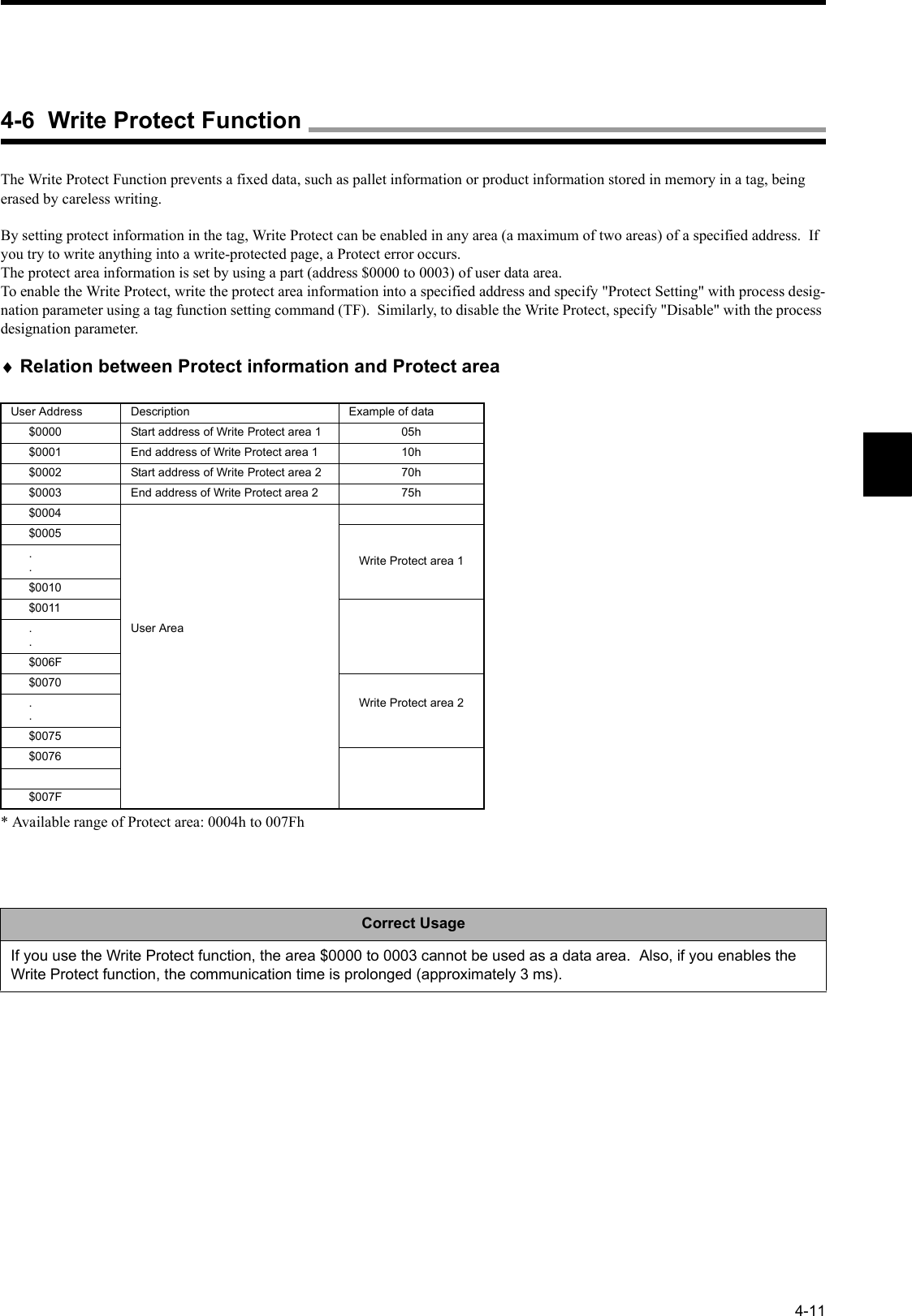 4-11The Write Protect Function prevents a fixed data, such as pallet information or product information stored in memory in a tag, being erased by careless writing.By setting protect information in the tag, Write Protect can be enabled in any area (a maximum of two areas) of a specified address.  If you try to write anything into a write-protected page, a Protect error occurs.The protect area information is set by using a part (address $0000 to 0003) of user data area.To enable the Write Protect, write the protect area information into a specified address and specify &quot;Protect Setting&quot; with process desig-nation parameter using a tag function setting command (TF).  Similarly, to disable the Write Protect, specify &quot;Disable&quot; with the process designation parameter.♦Relation between Protect information and Protect area* Available range of Protect area: 0004h to 007FhUser Address Description Example of data$0000 Start address of Write Protect area 1 05h$0001 End address of Write Protect area 1 10h$0002 Start address of Write Protect area 2 70h$0003 End address of Write Protect area 2 75h$0004User Area$0005Write Protect area 1..$0010$0011..$006F$0070Write Protect area 2..$0075$0076$007FCorrect UsageIf you use the Write Protect function, the area $0000 to 0003 cannot be used as a data area.  Also, if you enables the Write Protect function, the communication time is prolonged (approximately 3 ms).4-6  Write Protect Function