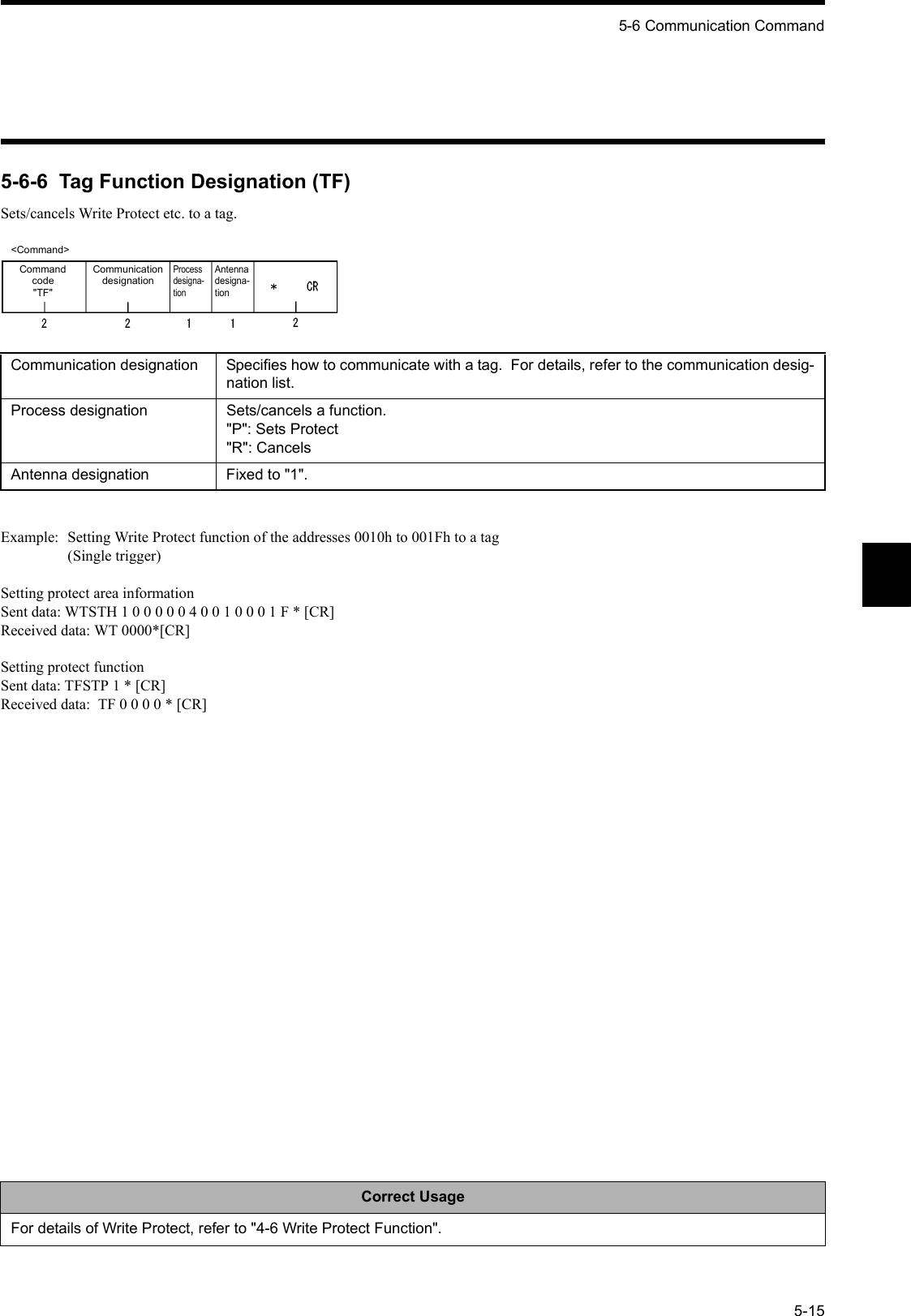 5-6 Communication Command5-155-6-6  Tag Function Designation (TF)Sets/cancels Write Protect etc. to a tag.Example: Setting Write Protect function of the addresses 0010h to 001Fh to a tag(Single trigger)Setting protect area informationSent data: WTSTH 1 0 0 0 0 0 4 0 0 1 0 0 0 1 F * [CR]Received data: WT 0000*[CR]Setting protect functionSent data: TFSTP 1 * [CR]Received data:  TF 0 0 0 0 * [CR]Communication designation Specifies how to communicate with a tag.  For details, refer to the communication desig-nation list.Process designation Sets/cancels a function.&quot;P&quot;: Sets Protect&quot;R&quot;: CancelsAntenna designation Fixed to &quot;1&quot;.Correct UsageFor details of Write Protect, refer to &quot;4-6 Write Protect Function&quot;.&lt;Command&gt;Command code&quot;TF&quot;Communication designationProcess designa-tionAntenna designa-tion