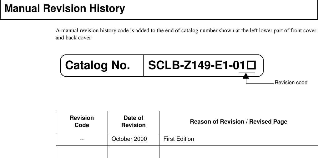 A manual revision history code is added to the end of catalog number shown at the left lower part of front cover and back coverManual Revision HistoryRevision Code Date of Revision Reason of Revision / Revised Page-- October 2000 First EditionCatalog No. SCLB-Z149-E1-01!!!!Revision code