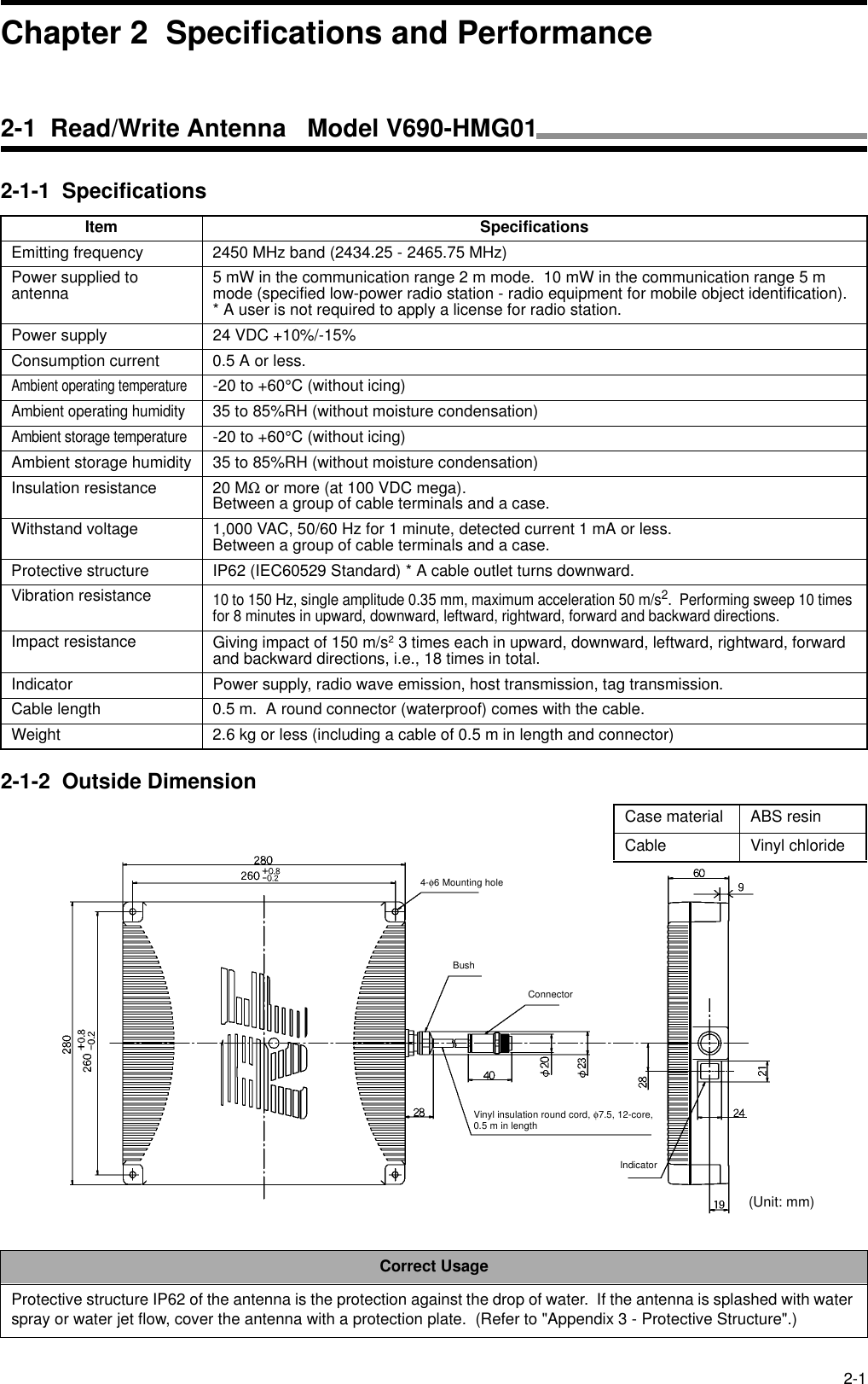 2-12-1-1  Specifications2-1-2  Outside DimensionItem SpecificationsEmitting frequency 2450 MHz band (2434.25 - 2465.75 MHz)Power supplied to antenna 5 mW in the communication range 2 m mode.  10 mW in the communication range 5 m mode (specified low-power radio station - radio equipment for mobile object identification).* A user is not required to apply a license for radio station.Power supply 24 VDC +10%/-15%Consumption current 0.5 A or less.Ambient operating temperature-20 to +60°C (without icing)Ambient operating humidity35 to 85%RH (without moisture condensation)Ambient storage temperature-20 to +60°C (without icing)Ambient storage humidity 35 to 85%RH (without moisture condensation)Insulation resistance 20 MΩ or more (at 100 VDC mega).Between a group of cable terminals and a case.Withstand voltage 1,000 VAC, 50/60 Hz for 1 minute, detected current 1 mA or less.Between a group of cable terminals and a case.Protective structure IP62 (IEC60529 Standard) * A cable outlet turns downward.Vibration resistance10 to 150 Hz, single amplitude 0.35 mm, maximum acceleration 50 m/s2.  Performing sweep 10 times for 8 minutes in upward, downward, leftward, rightward, forward and backward directions.Impact resistance Giving impact of 150 m/s2 3 times each in upward, downward, leftward, rightward, forward and backward directions, i.e., 18 times in total.Indicator Power supply, radio wave emission, host transmission, tag transmission.Cable length 0.5 m.  A round connector (waterproof) comes with the cable.Weight 2.6 kg or less (including a cable of 0.5 m in length and connector)Correct UsageProtective structure IP62 of the antenna is the protection against the drop of water.  If the antenna is splashed with water spray or water jet flow, cover the antenna with a protection plate.  (Refer to &quot;Appendix 3 - Protective Structure&quot;.)4-φ6 Mounting holeCase material ABS resinCable Vinyl chlorideBushConnectorVinyl insulation round cord, φ7.5, 12-core, 0.5 m in lengthIndicator(Unit: mm)Chapter 2  Specifications and Performance2-1  Read/Write Antenna   Model V690-HMG01