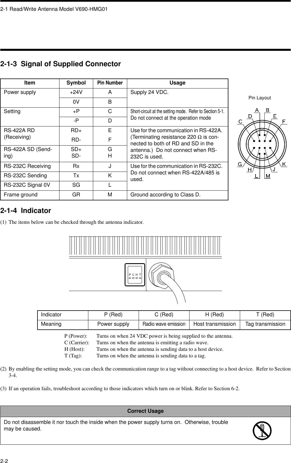 2-1 Read/Write Antenna Model V690-HMG012-22-1-3  Signal of Supplied Connector2-1-4  Indicator(1) The items below can be checked through the antenna indicator.P (Power): Turns on when 24 VDC power is being supplied to the antenna.C (Carrier): Turns on when the antenna is emitting a radio wave.H (Host): Turns on when the antenna is sending data to a host device.T (Tag): Turns on when the antenna is sending data to a tag.(2) By enabling the setting mode, you can check the communication range to a tag without connecting to a host device.  Refer to Section3-4.(3) If an operation fails, troubleshoot according to those indicators which turn on or blink. Refer to Section 6-2.Item SymbolPin NumberUsagePower supply +24V A Supply 24 VDC.0V BSetting +P CShort-circuit at the setting mode.  Refer to Section 5-1.Do not connect at the operation mode-P DRS-422A RD (Receiving) RD+ E Use for the communication in RS-422A.  (Terminating resistance 220 Ω is con-nected to both of RD and SD in the antenna.)  Do not connect when RS-232C is used.RD- FRS-422A SD (Send-ing) SD+SD- GHRS-232C Receiving Rx J Use for the communication in RS-232C.  Do not connect when RS-422A/485 is used.RS-232C Sending Tx KRS-232C Signal 0V SG LFrame ground GR M Ground according to Class D.Indicator P (Red) C (Red) H (Red) T (Red)Meaning Power supplyRadio wave emissionHost transmission Tag transmissionCorrect UsageDo not disassemble it nor touch the inside when the power supply turns on.  Otherwise, trouble may be caused.Pin Layout