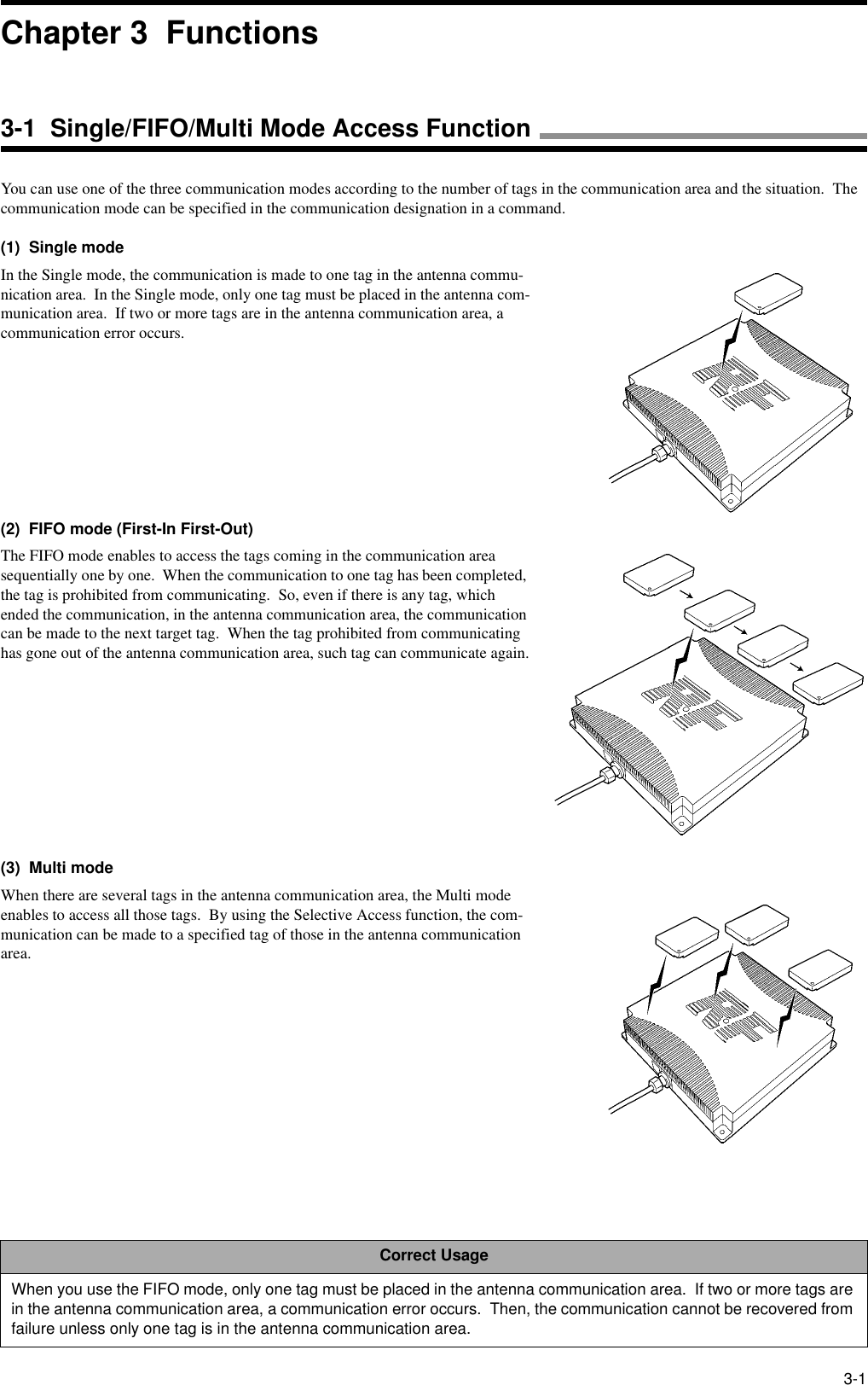 3-1You can use one of the three communication modes according to the number of tags in the communication area and the situation.  The communication mode can be specified in the communication designation in a command.(1)  Single modeIn the Single mode, the communication is made to one tag in the antenna commu-nication area.  In the Single mode, only one tag must be placed in the antenna com-munication area.  If two or more tags are in the antenna communication area, a communication error occurs.(2)  FIFO mode (First-In First-Out)The FIFO mode enables to access the tags coming in the communication area sequentially one by one.  When the communication to one tag has been completed, the tag is prohibited from communicating.  So, even if there is any tag, which ended the communication, in the antenna communication area, the communication can be made to the next target tag.  When the tag prohibited from communicating has gone out of the antenna communication area, such tag can communicate again.(3)  Multi modeWhen there are several tags in the antenna communication area, the Multi mode enables to access all those tags.  By using the Selective Access function, the com-munication can be made to a specified tag of those in the antenna communication area.Correct UsageWhen you use the FIFO mode, only one tag must be placed in the antenna communication area.  If two or more tags are in the antenna communication area, a communication error occurs.  Then, the communication cannot be recovered from failure unless only one tag is in the antenna communication area.Chapter 3  Functions3-1  Single/FIFO/Multi Mode Access Function