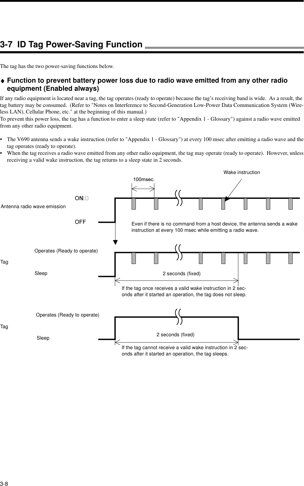 3-8The tag has the two power-saving functions below.♦♦♦♦Function to prevent battery power loss due to radio wave emitted from any other radio equipment (Enabled always)If any radio equipment is located near a tag, the tag operates (ready to operate) because the tag’s receiving band is wide.  As a result, the tag battery may be consumed.  (Refer to &quot;Notes on Interference to Second-Generation Low-Power Data Communication System (Wire-less LAN), Cellular Phone, etc.&quot; at the beginning of this manual.)To prevent this power loss, the tag has a function to enter a sleep state (refer to &quot;Appendix 1 - Glossary&quot;) against a radio wave emitted from any other radio equipment.• The V690 antenna sends a wake instruction (refer to &quot;Appendix 1 - Glossary&quot;) at every 100 msec after emitting a radio wave and thetag operates (ready to operate).• When the tag receives a radio wave emitted from any other radio equipment, the tag may operate (ready to operate).  However, unlessreceiving a valid wake instruction, the tag returns to a sleep state in 2 seconds.Antenna radio wave emissionWake instructionEven if there is no command from a host device, the antenna sends a wake instruction at every 100 msec while emitting a radio wave.TagOperates (Ready to operate)Sleep 2 seconds (fixed)If the tag once receives a valid wake instruction in 2 sec-onds after it started an operation, the tag does not sleep.TagOperates (Ready to operate)Sleep 2 seconds (fixed)If the tag cannot receive a valid wake instruction in 2 sec-onds after it started an operation, the tag sleeps.3-7  ID Tag Power-Saving Function