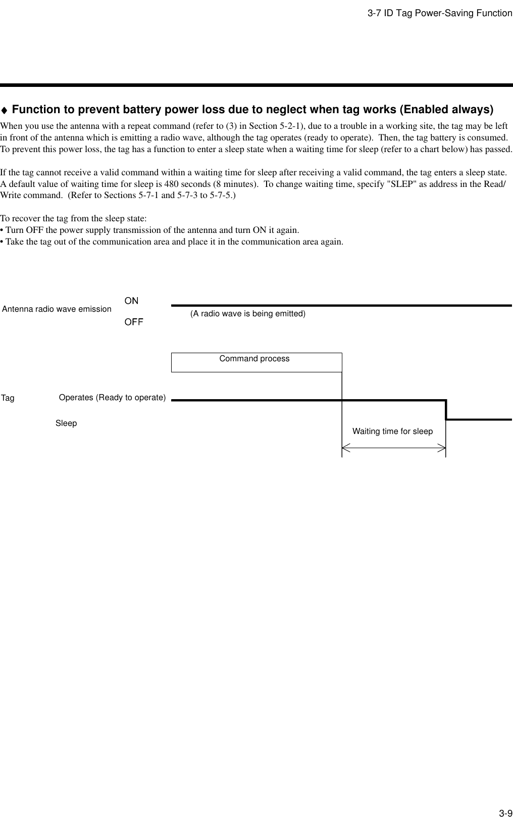 3-7 ID Tag Power-Saving Function3-9♦♦♦♦Function to prevent battery power loss due to neglect when tag works (Enabled always)When you use the antenna with a repeat command (refer to (3) in Section 5-2-1), due to a trouble in a working site, the tag may be left in front of the antenna which is emitting a radio wave, although the tag operates (ready to operate).  Then, the tag battery is consumed.  To prevent this power loss, the tag has a function to enter a sleep state when a waiting time for sleep (refer to a chart below) has passed.If the tag cannot receive a valid command within a waiting time for sleep after receiving a valid command, the tag enters a sleep state.A default value of waiting time for sleep is 480 seconds (8 minutes).  To change waiting time, specify &quot;SLEP&quot; as address in the Read/Write command.  (Refer to Sections 5-7-1 and 5-7-3 to 5-7-5.)To recover the tag from the sleep state:• Turn OFF the power supply transmission of the antenna and turn ON it again.• Take the tag out of the communication area and place it in the communication area again.Antenna radio wave emissionTag Operates (Ready to operate)Sleep(A radio wave is being emitted)Command processWaiting time for sleep