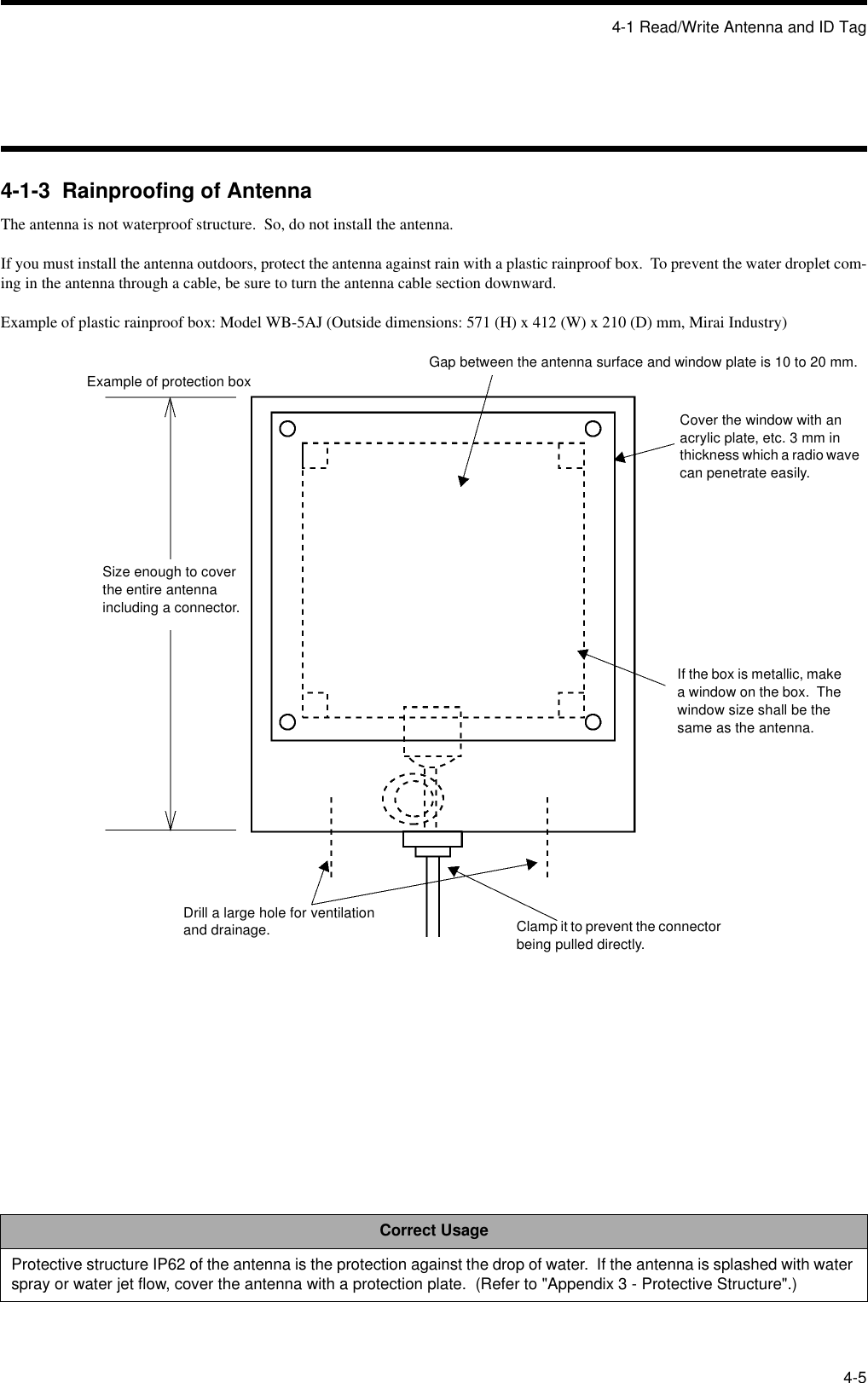4-1 Read/Write Antenna and ID Tag4-54-1-3  Rainproofing of AntennaThe antenna is not waterproof structure.  So, do not install the antenna.If you must install the antenna outdoors, protect the antenna against rain with a plastic rainproof box.  To prevent the water droplet com-ing in the antenna through a cable, be sure to turn the antenna cable section downward.Example of plastic rainproof box: Model WB-5AJ (Outside dimensions: 571 (H) x 412 (W) x 210 (D) mm, Mirai Industry)Correct UsageProtective structure IP62 of the antenna is the protection against the drop of water.  If the antenna is splashed with water spray or water jet flow, cover the antenna with a protection plate.  (Refer to &quot;Appendix 3 - Protective Structure&quot;.)Gap between the antenna surface and window plate is 10 to 20 mm.Size enough to cover the entire antenna including a connector.Example of protection boxDrill a large hole for ventilation and drainage. Clamp it to prevent the connector being pulled directly.If the box is metallic, make a window on the box.  The window size shall be the same as the antenna.Cover the window with an acrylic plate, etc. 3 mm in thickness which a radio wave can penetrate easily.