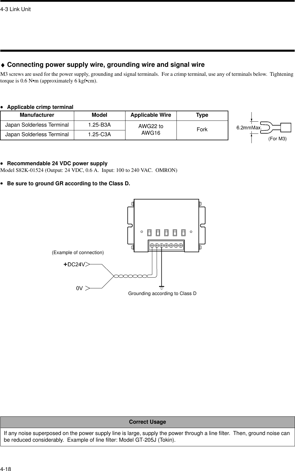 4-3 Link Unit4-18♦♦♦♦Connecting power supply wire, grounding wire and signal wireM3 screws are used for the power supply, grounding and signal terminals.  For a crimp terminal, use any of terminals below.  Tightening torque is 0.6 N•m (approximately 6 kgf•cm).••••Applicable crimp terminal••••Recommendable 24 VDC power supplyModel S82K-01524 (Output: 24 VDC, 0.6 A.  Input: 100 to 240 VAC.  OMRON)••••Be sure to ground GR according to the Class D.Manufacturer Model Applicable Wire TypeJapan Solderless Terminal 1.25-B3A AWG22 to AWG16 ForkJapan Solderless Terminal 1.25-C3ACorrect UsageIf any noise superposed on the power supply line is large, supply the power through a line filter.  Then, ground noise can be reduced considerably.  Example of line filter: Model GT-205J (Tokin).(Example of connection)Grounding according to Class D(For M3)