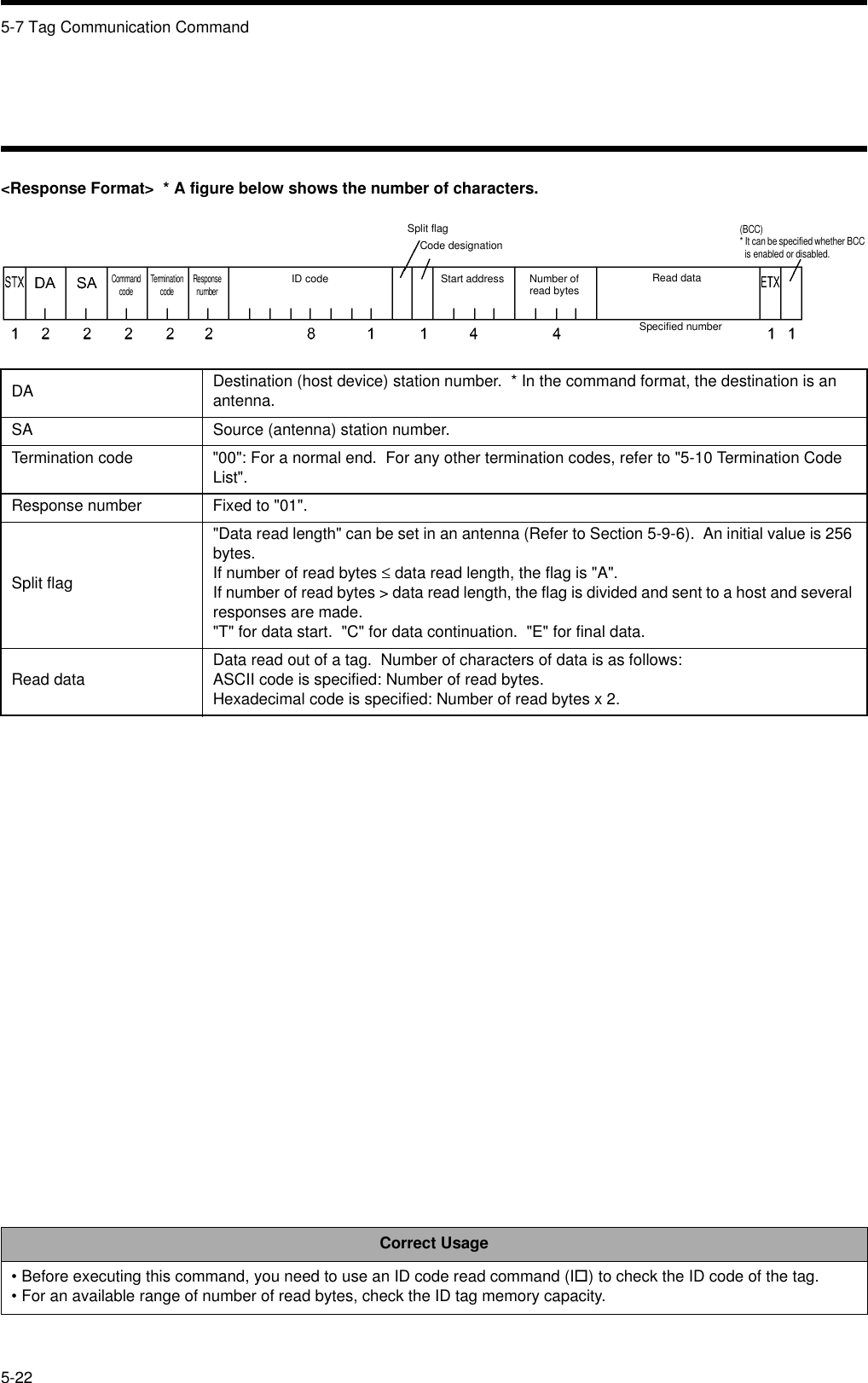 5-7 Tag Communication Command5-22&lt;Response Format&gt;  * A figure below shows the number of characters.DA Destination (host device) station number.  * In the command format, the destination is an antenna.SA Source (antenna) station number.Termination code &quot;00&quot;: For a normal end.  For any other termination codes, refer to &quot;5-10 Termination Code List&quot;.Response number Fixed to &quot;01&quot;.Split flag&quot;Data read length&quot; can be set in an antenna (Refer to Section 5-9-6).  An initial value is 256 bytes.If number of read bytes ≤ data read length, the flag is &quot;A&quot;.If number of read bytes &gt; data read length, the flag is divided and sent to a host and several responses are made.&quot;T&quot; for data start.  &quot;C&quot; for data continuation.  &quot;E&quot; for final data.Read data Data read out of a tag.  Number of characters of data is as follows:ASCII code is specified: Number of read bytes.Hexadecimal code is specified: Number of read bytes x 2.Correct Usage• Before executing this command, you need to use an ID code read command (I!) to check the ID code of the tag.• For an available range of number of read bytes, check the ID tag memory capacity.Split flagCommand codeCode designationStart address Number ofread bytes(BCC)* It can be specified whether BCC is enabled or disabled.Termination code Response numberID code Read dataSpecified number
