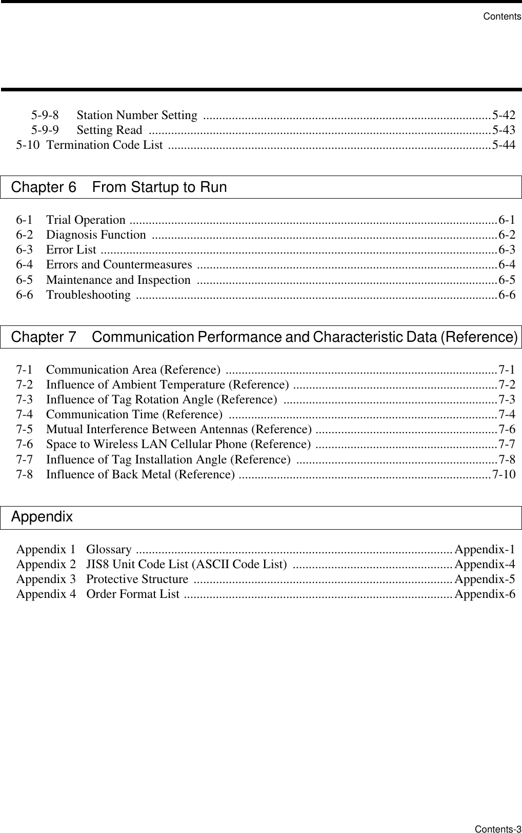 ContentsContents-35-9-8   Station Number Setting  ..........................................................................................5-425-9-9   Setting Read  ...........................................................................................................5-435-10  Termination Code List .....................................................................................................5-44Chapter 6   From Startup to Run 6-1   Trial Operation ...................................................................................................................6-16-2   Diagnosis Function  ............................................................................................................6-26-3   Error List ............................................................................................................................6-36-4   Errors and Countermeasures ..............................................................................................6-46-5   Maintenance and Inspection  ..............................................................................................6-56-6   Troubleshooting .................................................................................................................6-6Chapter 7 Communication Performance and Characteristic Data (Reference) 7-1   Communication Area (Reference) .....................................................................................7-17-2   Influence of Ambient Temperature (Reference) ................................................................7-27-3   Influence of Tag Rotation Angle (Reference)  ...................................................................7-37-4   Communication Time (Reference)  ....................................................................................7-47-5   Mutual Interference Between Antennas (Reference) .........................................................7-67-6   Space to Wireless LAN Cellular Phone (Reference) .........................................................7-77-7   Influence of Tag Installation Angle (Reference)  ...............................................................7-87-8   Influence of Back Metal (Reference) ...............................................................................7-10AppendixAppendix 1 Glossary ...................................................................................................Appendix-1Appendix 2 JIS8 Unit Code List (ASCII Code List)  ..................................................Appendix-4Appendix 3 Protective Structure .................................................................................Appendix-5Appendix 4 Order Format List ....................................................................................Appendix-6
