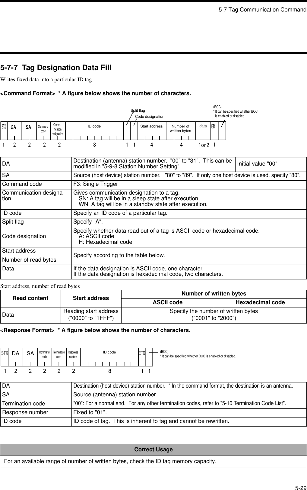 5-7 Tag Communication Command5-295-7-7  Tag Designation Data FillWrites fixed data into a particular ID tag.&lt;Command Format&gt;  * A figure below shows the number of characters.Start address, number of read bytes&lt;Response Format&gt;  * A figure below shows the number of characters.DA Destination (antenna) station number.  &quot;00&quot; to &quot;31&quot;.  This can be modified in &quot;5-9-8 Station Number Setting&quot;. Initial value &quot;00&quot;SASource (host device) station number.   &quot;80&quot; to &quot;89&quot;.  If only one host device is used, specify &quot;80&quot;.Command code F3: Single TriggerCommunication designa-tion Gives communication designation to a tag.SN: A tag will be in a sleep state after execution.WN: A tag will be in a standby state after execution.ID code Specify an ID code of a particular tag.Split flag Specify &quot;A&quot;.Code designation Specify whether data read out of a tag is ASCII code or hexadecimal code.A: ASCII codeH: Hexadecimal codeStart address Specify according to the table below.Number of read bytesData If the data designation is ASCII code, one character.If the data designation is hexadecimal code, two characters.Read content Start address Number of written bytesASCII code Hexadecimal codeData Reading start address(&quot;0000&quot; to &quot;1FFF&quot;) Specify the number of written bytes(&quot;0001&quot; to &quot;2000&quot;)DADestination (host device) station number.  * In the command format, the destination is an antenna.SA Source (antenna) station number.Termination code&quot;00&quot;: For a normal end.  For any other termination codes, refer to &quot;5-10 Termination Code List&quot;.Response number Fixed to &quot;01&quot;.ID code ID code of tag.  This is inherent to tag and cannot be rewritten.Correct UsageFor an available range of number of written bytes, check the ID tag memory capacity.Split flagCommand codeCode designationStart address Number ofwritten bytes(BCC)* It can be specified whether BCC is enabled or disabled.Commu-nication designationID code dataCommand code Termination code Response numberID code(BCC)* It can be specified whether BCC is enabled or disabled.