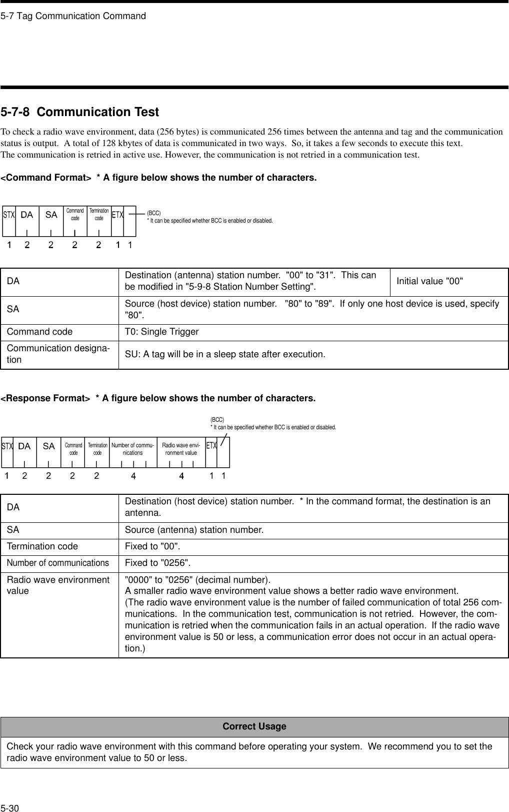 5-7 Tag Communication Command5-305-7-8  Communication TestTo check a radio wave environment, data (256 bytes) is communicated 256 times between the antenna and tag and the communication status is output.  A total of 128 kbytes of data is communicated in two ways.  So, it takes a few seconds to execute this text.  The communication is retried in active use. However, the communication is not retried in a communication test. &lt;Command Format&gt;  * A figure below shows the number of characters.&lt;Response Format&gt;  * A figure below shows the number of characters.DA Destination (antenna) station number.  &quot;00&quot; to &quot;31&quot;.  This can be modified in &quot;5-9-8 Station Number Setting&quot;. Initial value &quot;00&quot;SA Source (host device) station number.   &quot;80&quot; to &quot;89&quot;.  If only one host device is used, specify &quot;80&quot;.Command code T0: Single TriggerCommunication designa-tion SU: A tag will be in a sleep state after execution.DA Destination (host device) station number.  * In the command format, the destination is an antenna.SA Source (antenna) station number.Termination code Fixed to &quot;00&quot;.Number of communicationsFixed to &quot;0256&quot;.Radio wave environment value &quot;0000&quot; to &quot;0256&quot; (decimal number).A smaller radio wave environment value shows a better radio wave environment.(The radio wave environment value is the number of failed communication of total 256 com-munications.  In the communication test, communication is not retried.  However, the com-munication is retried when the communication fails in an actual operation.  If the radio wave environment value is 50 or less, a communication error does not occur in an actual opera-tion.)Correct UsageCheck your radio wave environment with this command before operating your system.  We recommend you to set the radio wave environment value to 50 or less.Command code Termination code(BCC)* It can be specified whether BCC is enabled or disabled.Command code Termination codeNumber of commu-nications(BCC)* It can be specified whether BCC is enabled or disabled.Radio wave envi-ronment value