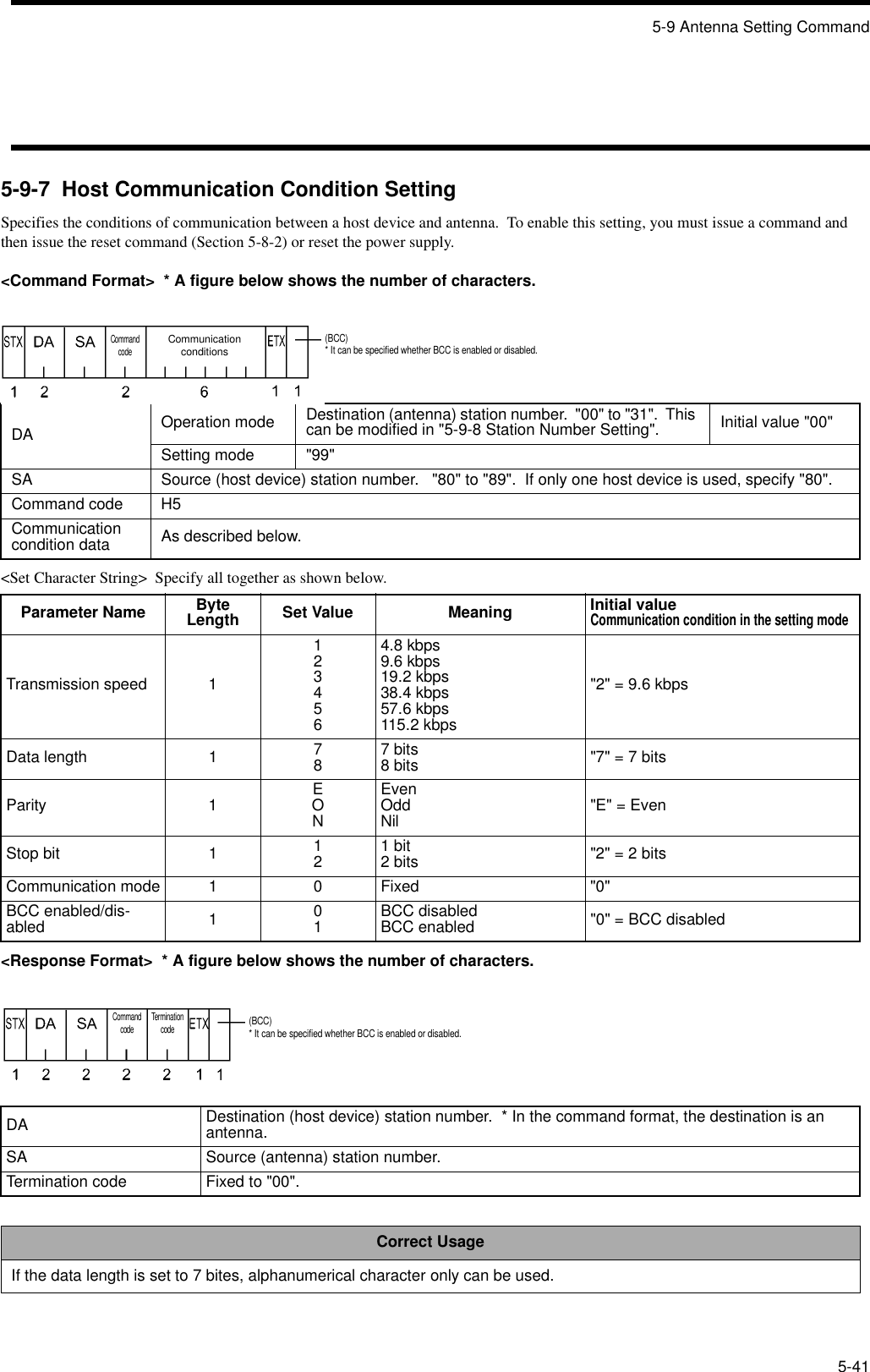 5-9 Antenna Setting Command5-415-9-7  Host Communication Condition SettingSpecifies the conditions of communication between a host device and antenna.  To enable this setting, you must issue a command and then issue the reset command (Section 5-8-2) or reset the power supply.&lt;Command Format&gt;  * A figure below shows the number of characters.&lt;Set Character String&gt;  Specify all together as shown below.&lt;Response Format&gt;  * A figure below shows the number of characters.DA Operation mode Destination (antenna) station number.  &quot;00&quot; to &quot;31&quot;.  This can be modified in &quot;5-9-8 Station Number Setting&quot;. Initial value &quot;00&quot;Setting mode &quot;99&quot;SA Source (host device) station number.   &quot;80&quot; to &quot;89&quot;.  If only one host device is used, specify &quot;80&quot;.Command code H5Communication condition data As described below.Parameter Name Byte Length Set Value Meaning Initial valueCommunication condition in the setting modeTransmission speed 11234564.8 kbps9.6 kbps19.2 kbps38.4 kbps57.6 kbps115.2 kbps&quot;2&quot; = 9.6 kbpsData length 1 787 bits8 bits &quot;7&quot; = 7 bitsParity 1 EONEvenOddNil &quot;E&quot; = EvenStop bit 1 121 bit2 bits &quot;2&quot; = 2 bitsCommunication mode 1 0 Fixed &quot;0&quot;BCC enabled/dis-abled 101BCC disabledBCC enabled &quot;0&quot; = BCC disabledDA Destination (host device) station number.  * In the command format, the destination is an antenna.SA Source (antenna) station number.Termination code Fixed to &quot;00&quot;.Correct UsageIf the data length is set to 7 bites, alphanumerical character only can be used.Command code(BCC)* It can be specified whether BCC is enabled or disabled.CommunicationconditionsCommand code Termination code(BCC)* It can be specified whether BCC is enabled or disabled.